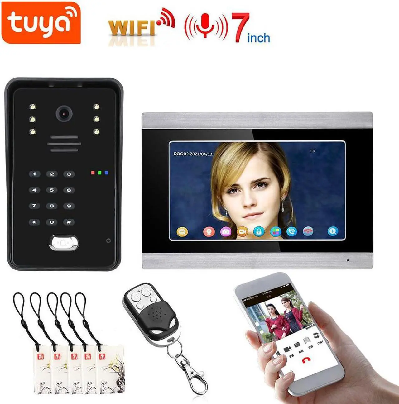 Main image of 7" HD Monitor Wired WiFi Door RFID System Doorbell Home Apartment Video Intercom System, Tuya APP Phone Remote Control Unlocking, Video Recording 2-Way Audio Motion Detection, 1 doorbell + 1 monitor