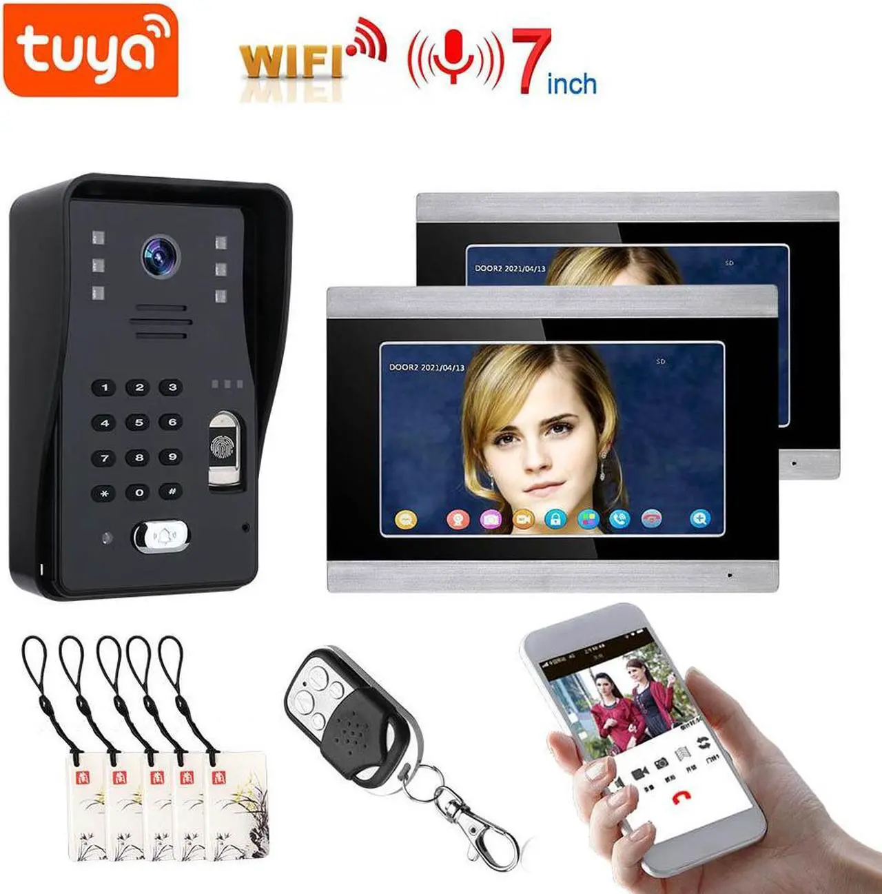 Main image of 7" HD Monitor Wired WiFi Door RFID Fingerprint Doorbell Home Video Intercom System, Tuya APP Phone Remote Control Unlocking, Video Recording 2-Way Audio Motion Detection,1 doorbell + 2 monitor