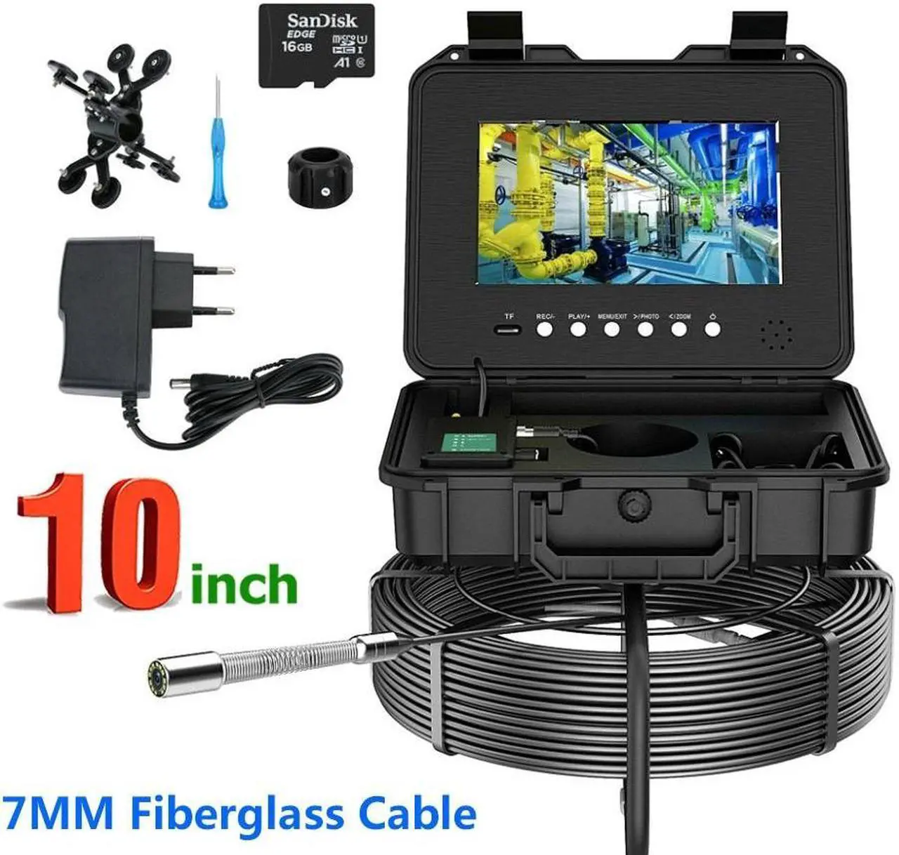 Main image of VisiPower 10" AHD 1080P 2MP Display Screen Pipe Sewer Drain Inspection Video  DVR Video+Audio Recording 5X Image Enlarge Industrial Endoscope Borescope 7mm Cable Length 20m/65ft Camera