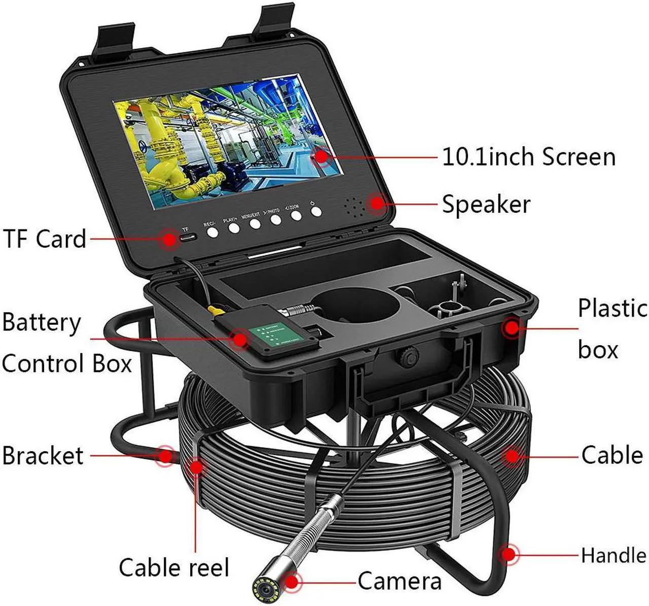 Alt view image 2 of 7 - VisiPower 10" AHD 1080P 2MP Display Screen Pipe Sewer Drain Inspection Video  DVR Video+Audio Recording 5X Image Enlarge Industrial Endoscope Borescope 7mm Cable Length 20m/65ft Camera