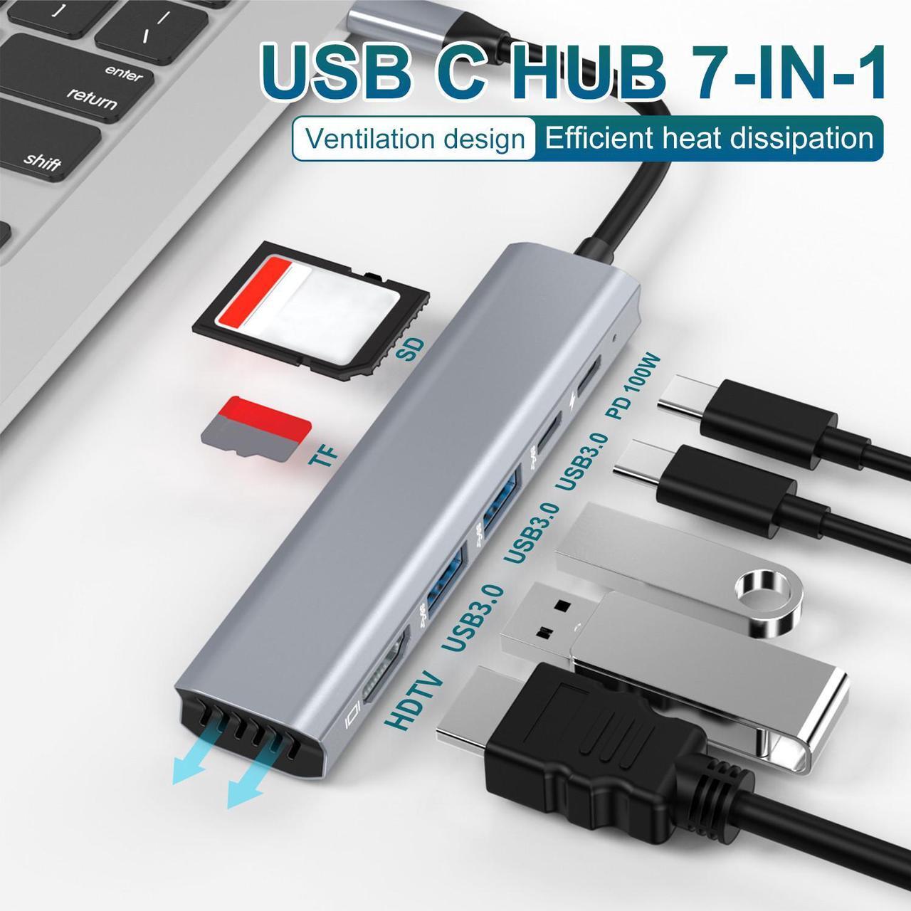 Alt view image 2 of 7 - VisiPower 7-in-1 Mini Type C / USB-C to HDMI 4K@30Hz+ PD Charging&Data, USB3.0*2+Type-c+TF / SD Micro Card Reader, Type-C PC Mobile Phone laptop 7-in-1 Docking Station Extension Hub Converter Adaptor