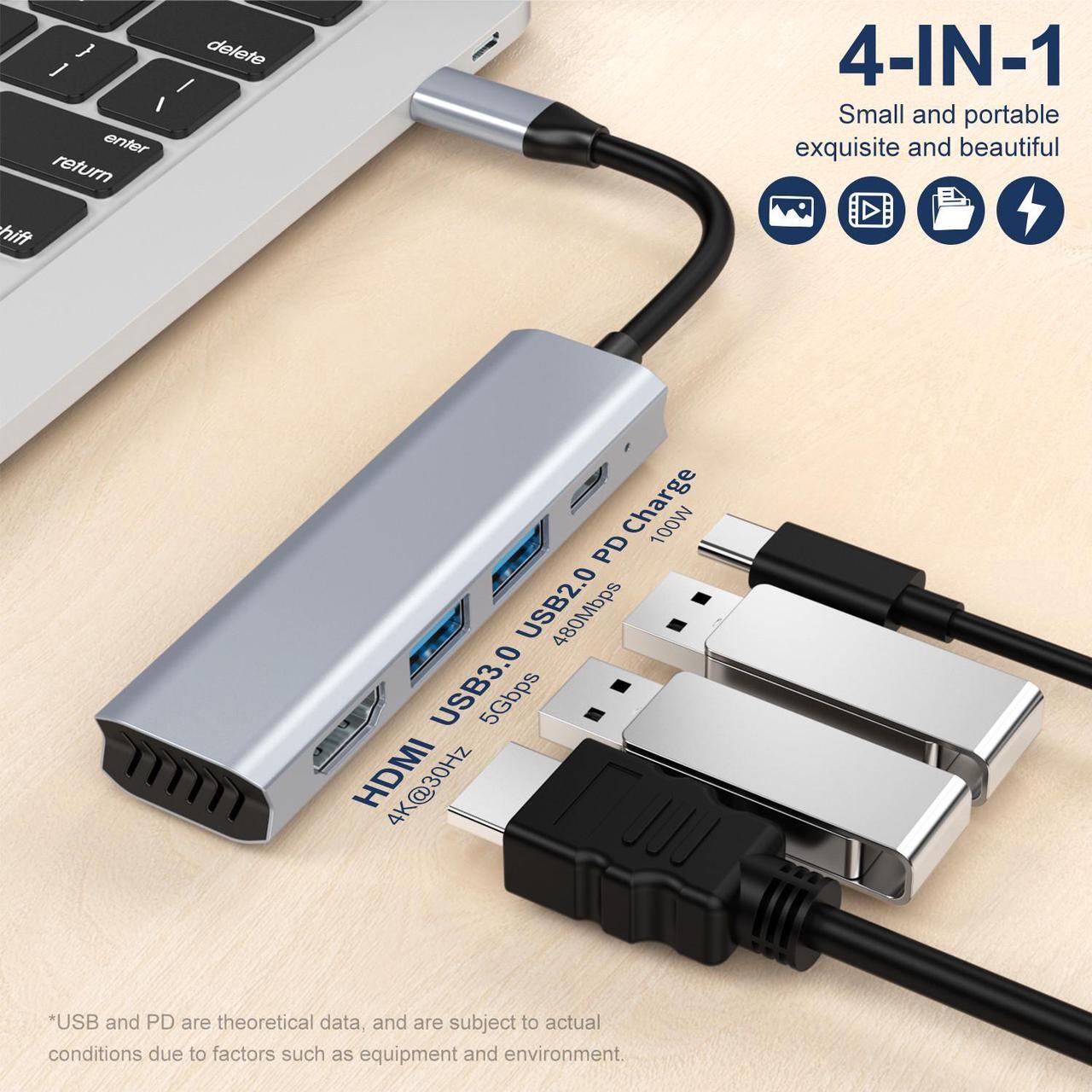 Alt view image 3 of 7 - VisiPower 4 in 1 Type-C  / USB-C to HDMI 4K@30Hz + PD Charging + USB 3.0 + USB 2.0 Extension Adapter Converter, PC Mobile Phone laptop 4-in-1 Docking Station USB Extension Hub Converter Adaptor Cable