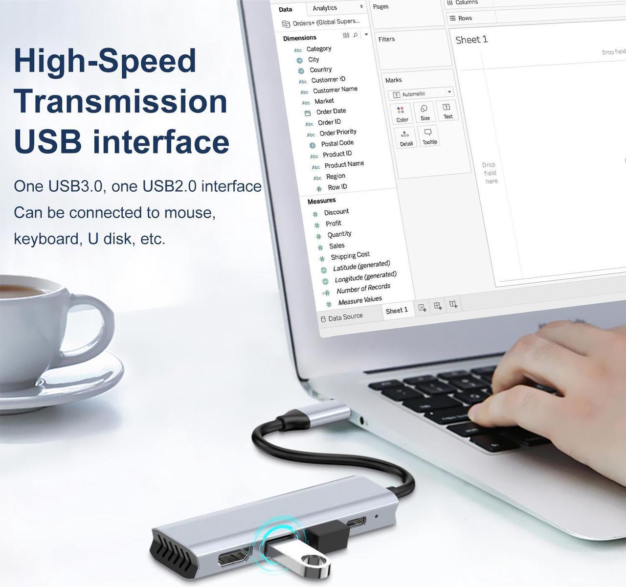 Alt view image 5 of 7 - VisiPower 4 in 1 Type-C  / USB-C to HDMI 4K@30Hz + PD Charging + USB 3.0 + USB 2.0 Extension Adapter Converter, PC Mobile Phone laptop 4-in-1 Docking Station USB Extension Hub Converter Adaptor Cable