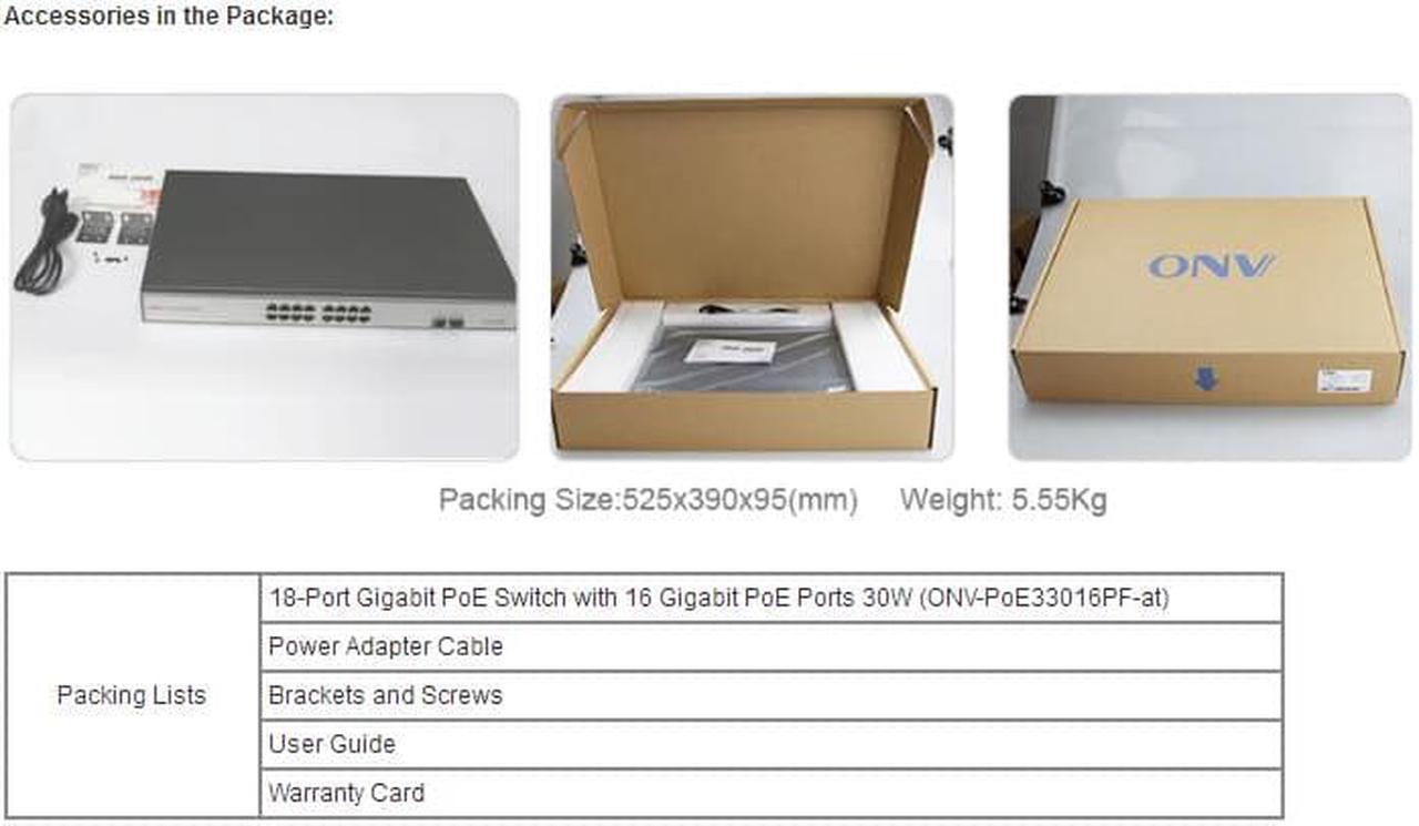 Alt view image 7 of 7 - ONV-POE33016PF-at 18-Port Gigabit PoE Switch with 16 Gigabit PoE Ports and 2 Gigabit Fiber Ports support IEEE 802.3at Standard 30W