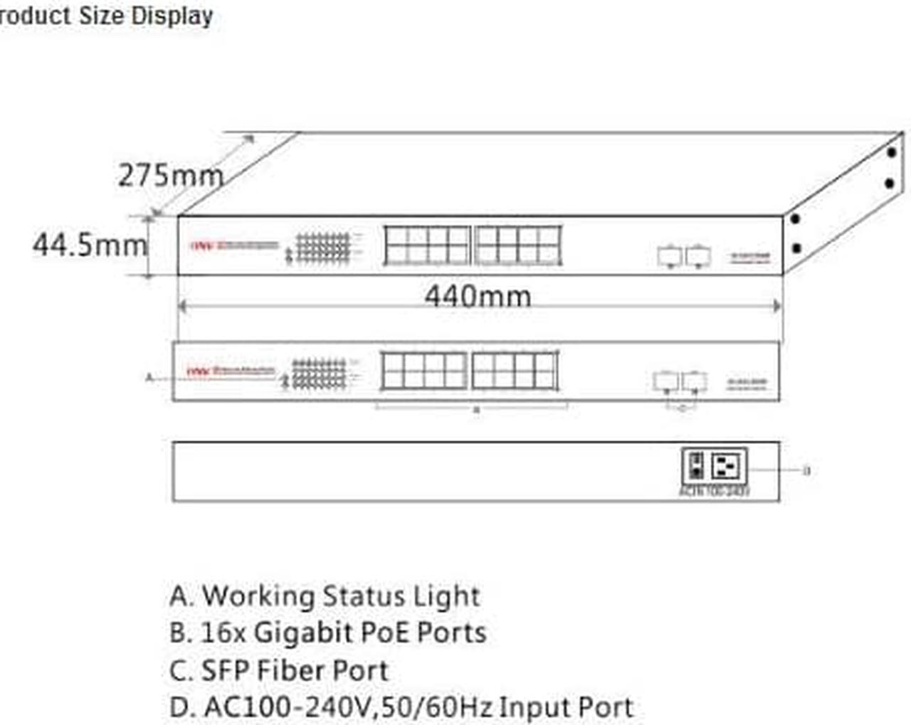 Alt view image 6 of 7 - ONV-POE33016PF-at 18-Port Gigabit PoE Switch with 16 Gigabit PoE Ports and 2 Gigabit Fiber Ports support IEEE 802.3at Standard 30W