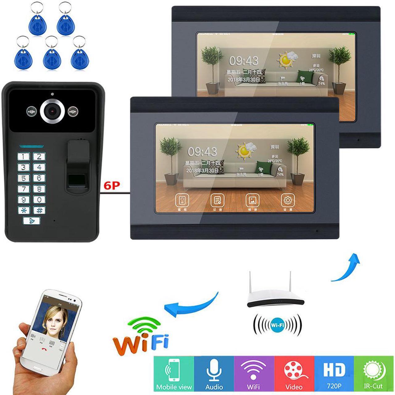 7inch TFT LCD 2 Monitors Wired / Wireless Wifi Fingerprint RFID Password Video Door Phone Doorbell Remote APP with IR-CUT 1000TVL Wired Camera