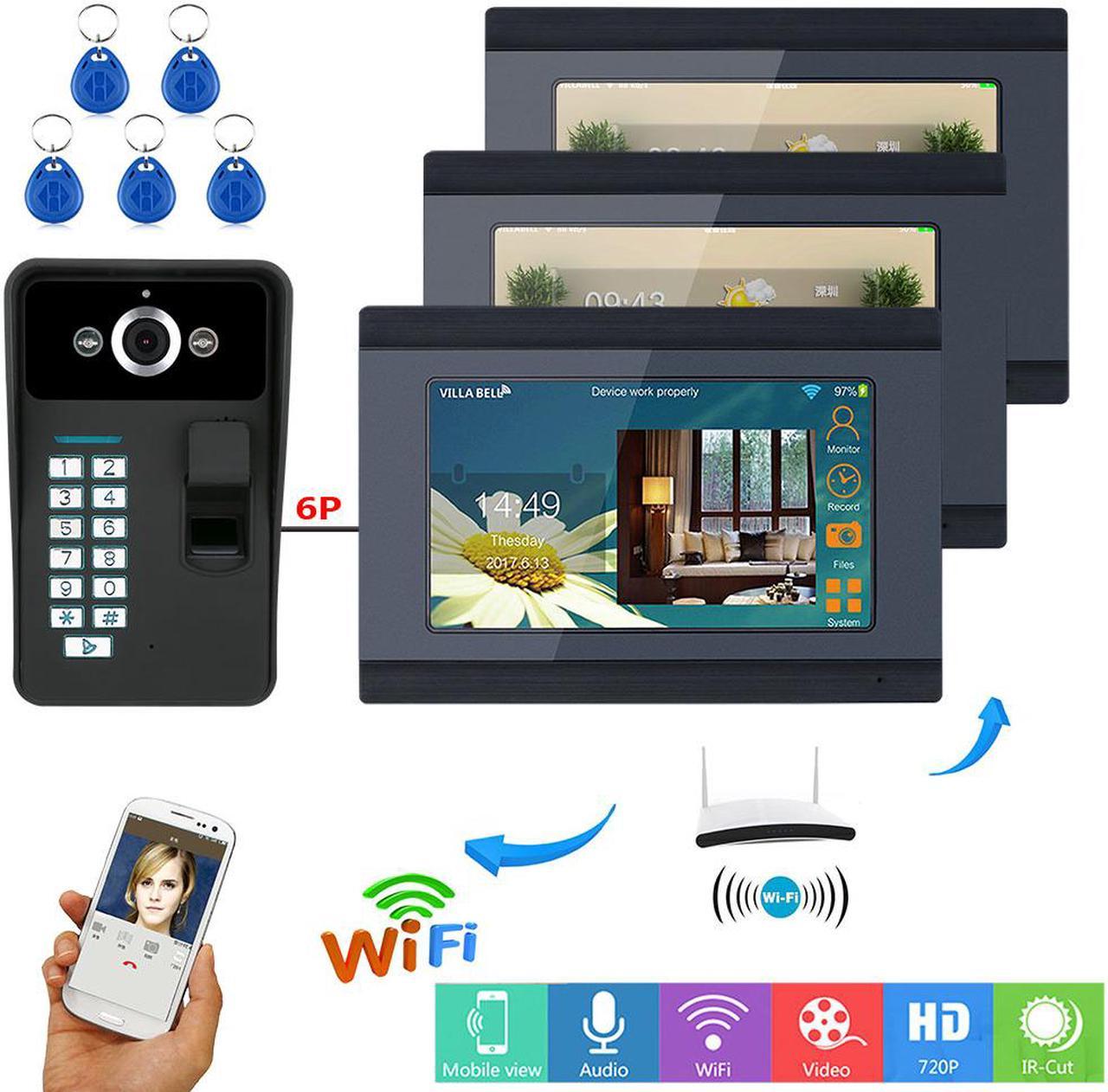 7inch 3 Monitors Wired / Wireless Wifi Fingerprint RFID Password Video Door Phone Doorbell Intercom Entry System with IR-CUT 1000TVL Wired Camera