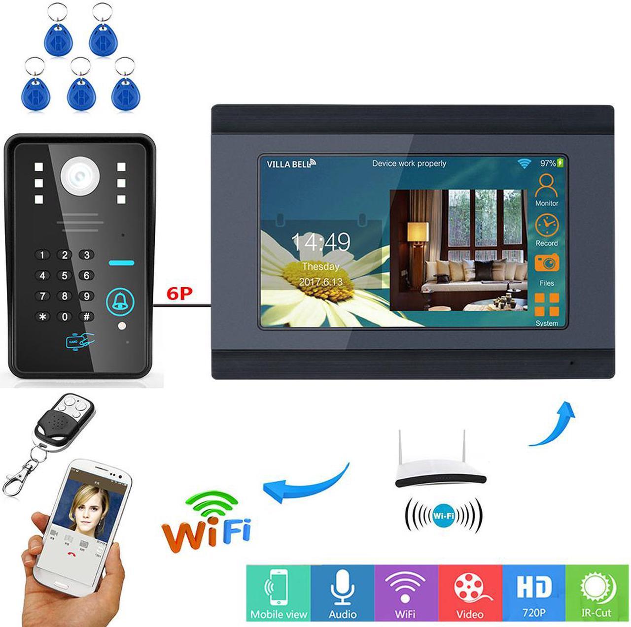 7inch TFT LCD Wired Wifi RFID Password Video Door Phone Doorbell Intercom Entry System with IR-CUT 1000TVL Wired Camera Night Vision Remote APP