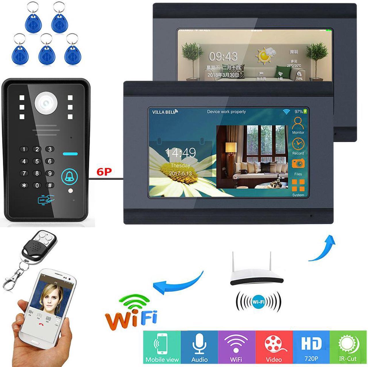 7inch 2 Monitors Wired / Wireless Wifi RFID Password Video Door Phone Doorbell Intercom Entry System with IR-CUT 1000TVL Wired Camera Night Vision Remote APP