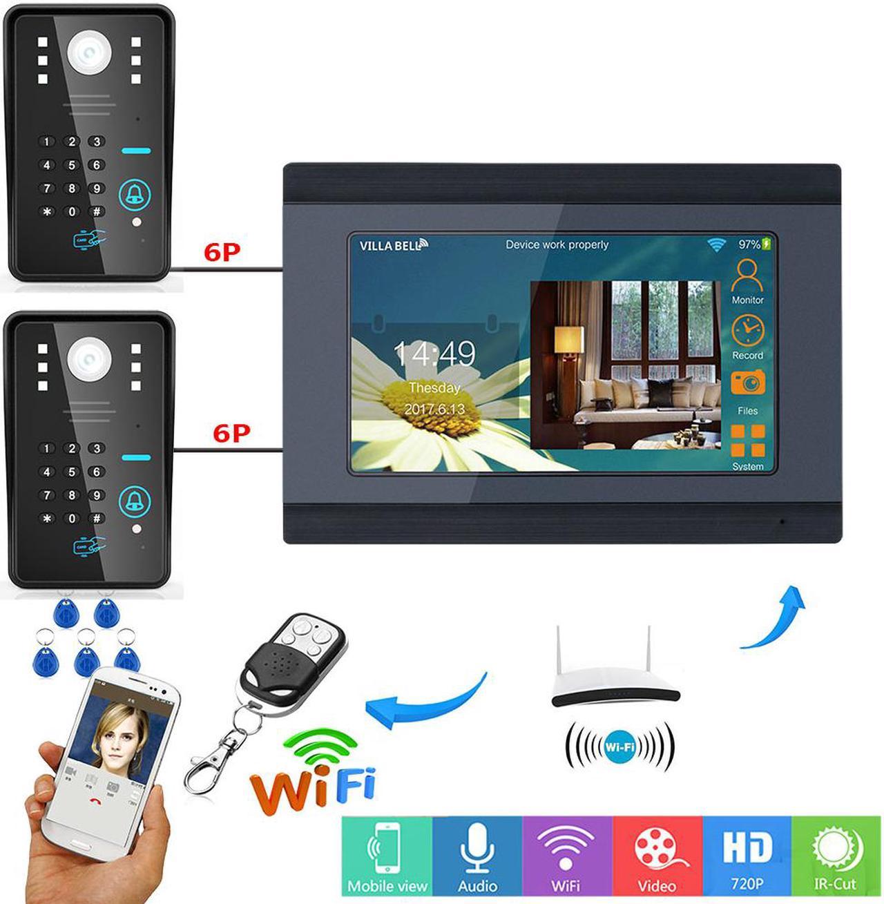 7" TFT LCD Wired / Wireless Wifi RFID Password Video Door Phone Doorbell Intercom Entry System with 2 X IR-CUT 1000TVL Wired Camera support Remote APP unlocking/Recording/Snapshot