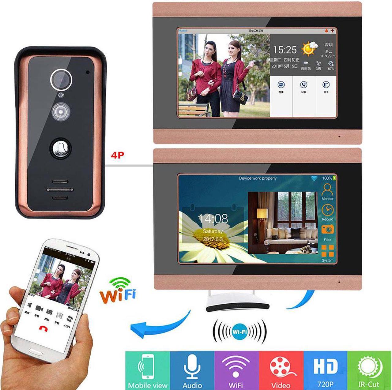 7inch 2 Monitors Wired Wifi Video Door Phone Doorbell Intercom with 1000TVL Wired IR-CUT Camera Support Remote APP intercom