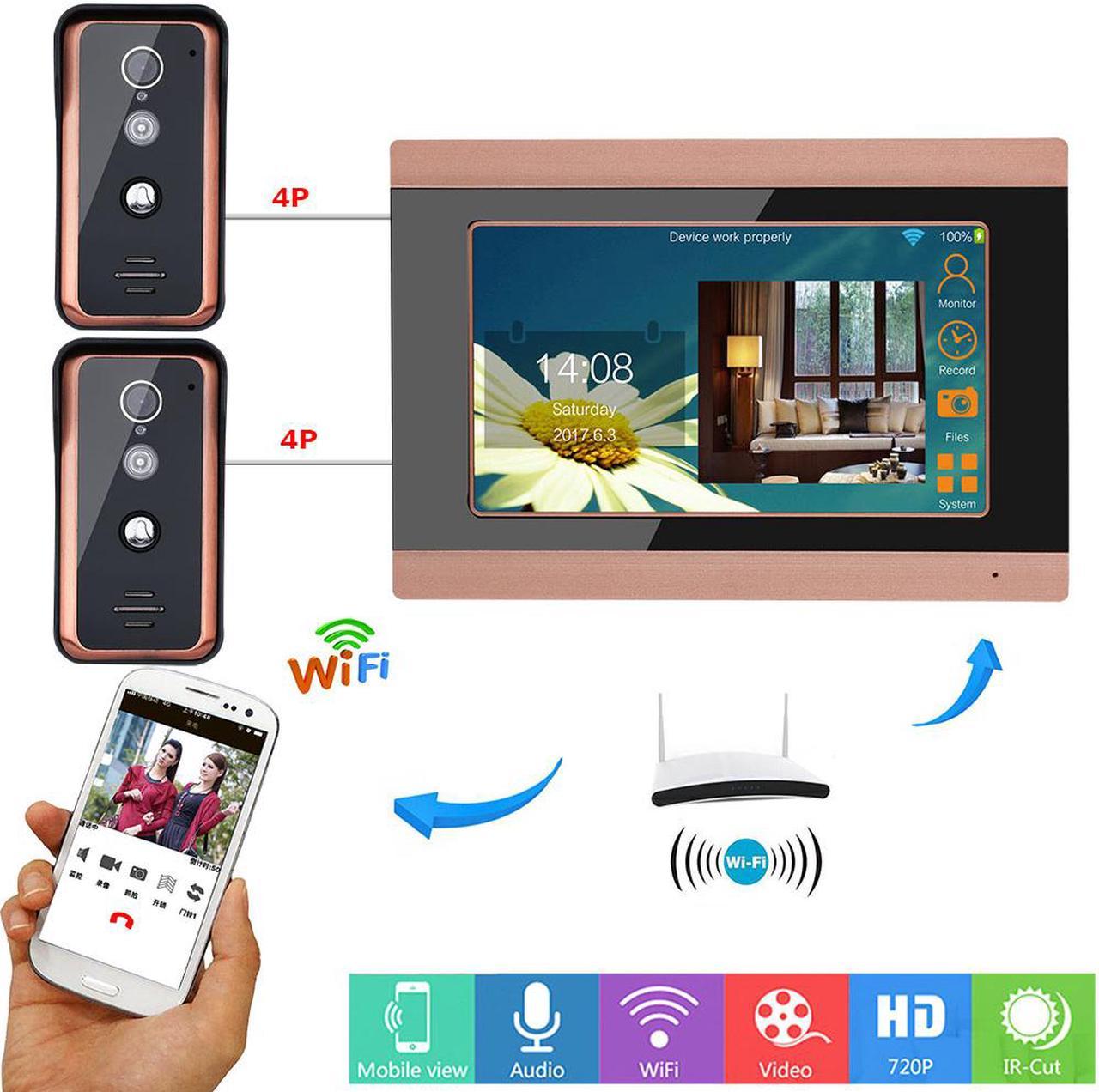 7inch Wired Wifi Video Door Phone Doorbell Intercom with 2 X 1000TVL Wired IR-CUT Camera Night Vision Support Remote APP intercom/unlocking/Recording/Snapshot