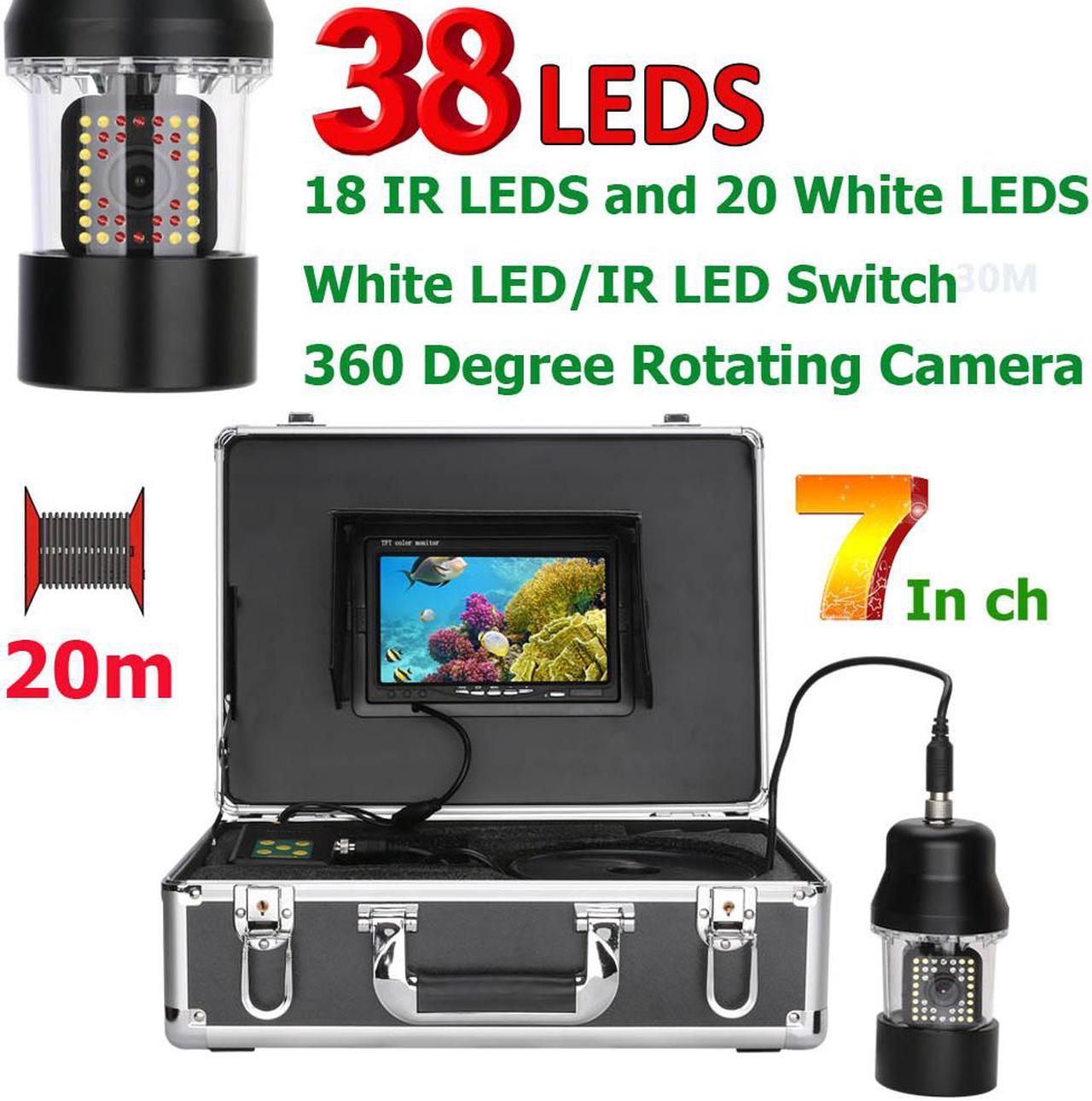 VisiPower 7" Monitor Underwater Fishing Video Camera Fish Finder IP68 Waterproof 38 LEDs 360 Degree Rotating Camera, Cable Length 20m/65ft