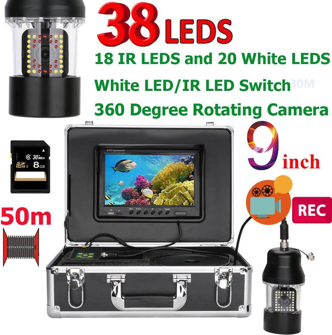 9 Inch DVR Recorder 50m Underwater Fishing Video Camera Fish Finder IP68 Waterproof 38 LEDs 360 Degree Rotating Camera