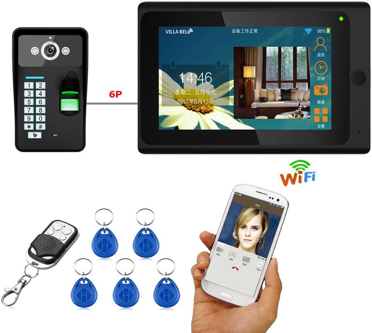 7inch Wired / Wireless Wifi Fingerprint RFID Password Video Door Phone Doorbell Intercom with 1000TVL Wired Camera