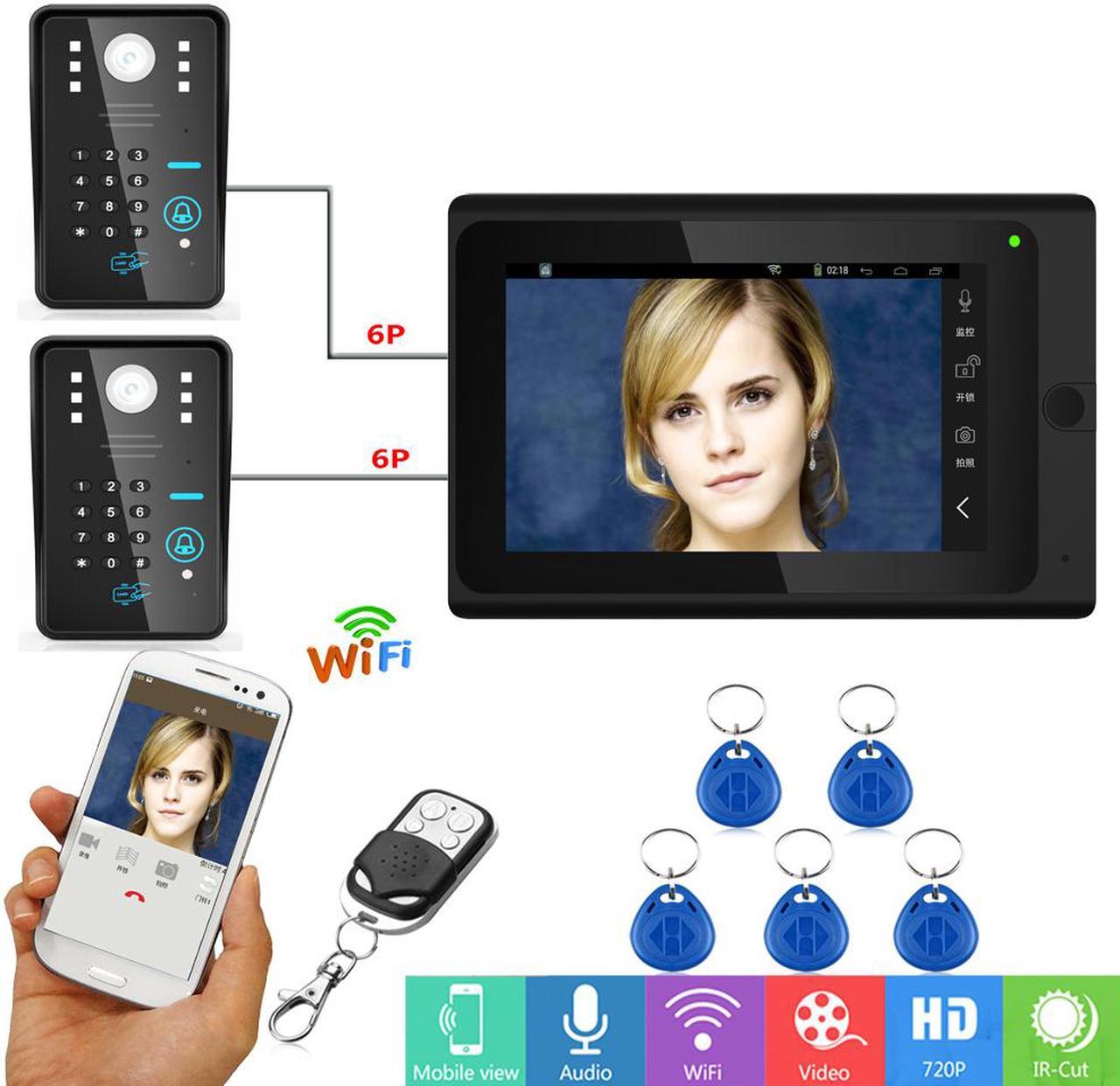 7inch Wired / Wireless Wifi RFID Password Video Door Phone Doorbell Intercom with 2 X 1000TVL Wired Camera