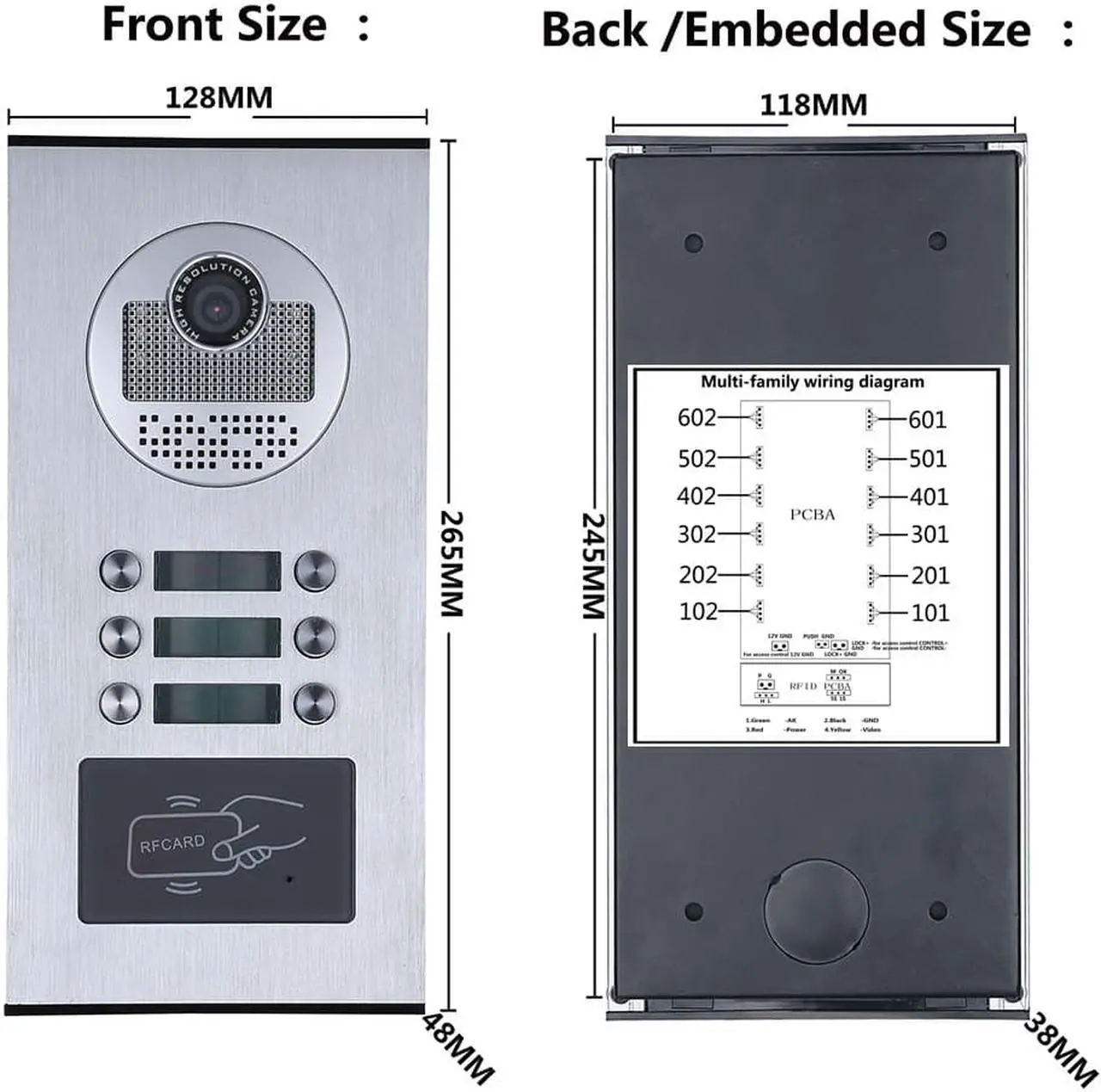 Alt view image 6 of 7 - 4 Units Apartment Doorbell, 7" LCD Monitor Wired Door RFID Multi-family Doorbell Home Apartment Video Intercom System, Monitor Control Unlocking, 2-Way Audio for Home Apartment, 1 doorbell + 4 monitor