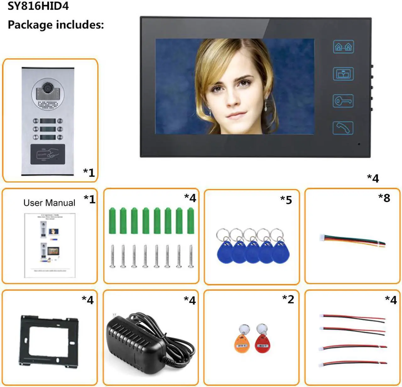 Alt view image 7 of 7 - 4 Units Apartment Doorbell, 7" LCD Monitor Wired Door RFID Multi-family Doorbell Home Apartment Video Intercom System, Monitor Control Unlocking, 2-Way Audio for Home Apartment, 1 doorbell + 4 monitor