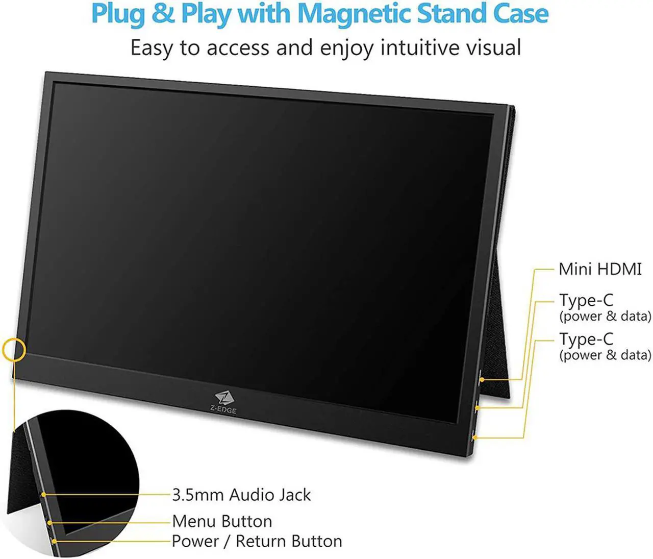 Alt view image 4 of 7 - Z-EDGE Ultra2 15.6" 1920 x 1080 Full HD LED Backlight IPS Portable Monitor, 8 ms, 60 Hz, with Type-C HDMI Port, Built-in Speakers, Secondary Display for Mac/Phone/Laptop/Nintendo/Xbox/PS4