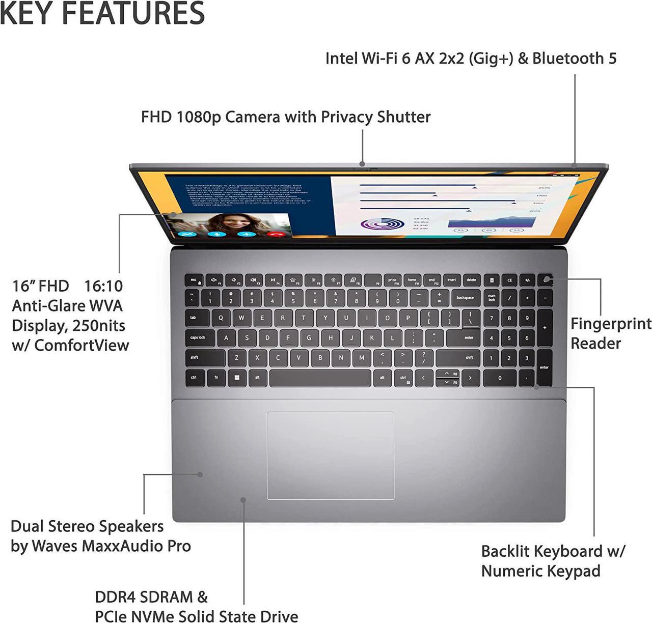 Alt view image 4 of 6 - Dell Vostro 5620 16" Full HD+ 1920 x 1200 Business Notebook,12th Gen Intel Core i7-1260P Processor,64GB DDR4,256GB SSD,Intel Iris Xe Graphics,Wifi-AX,Bluetooth,HDMI,USB Type-C Display,Windows 11 Pro