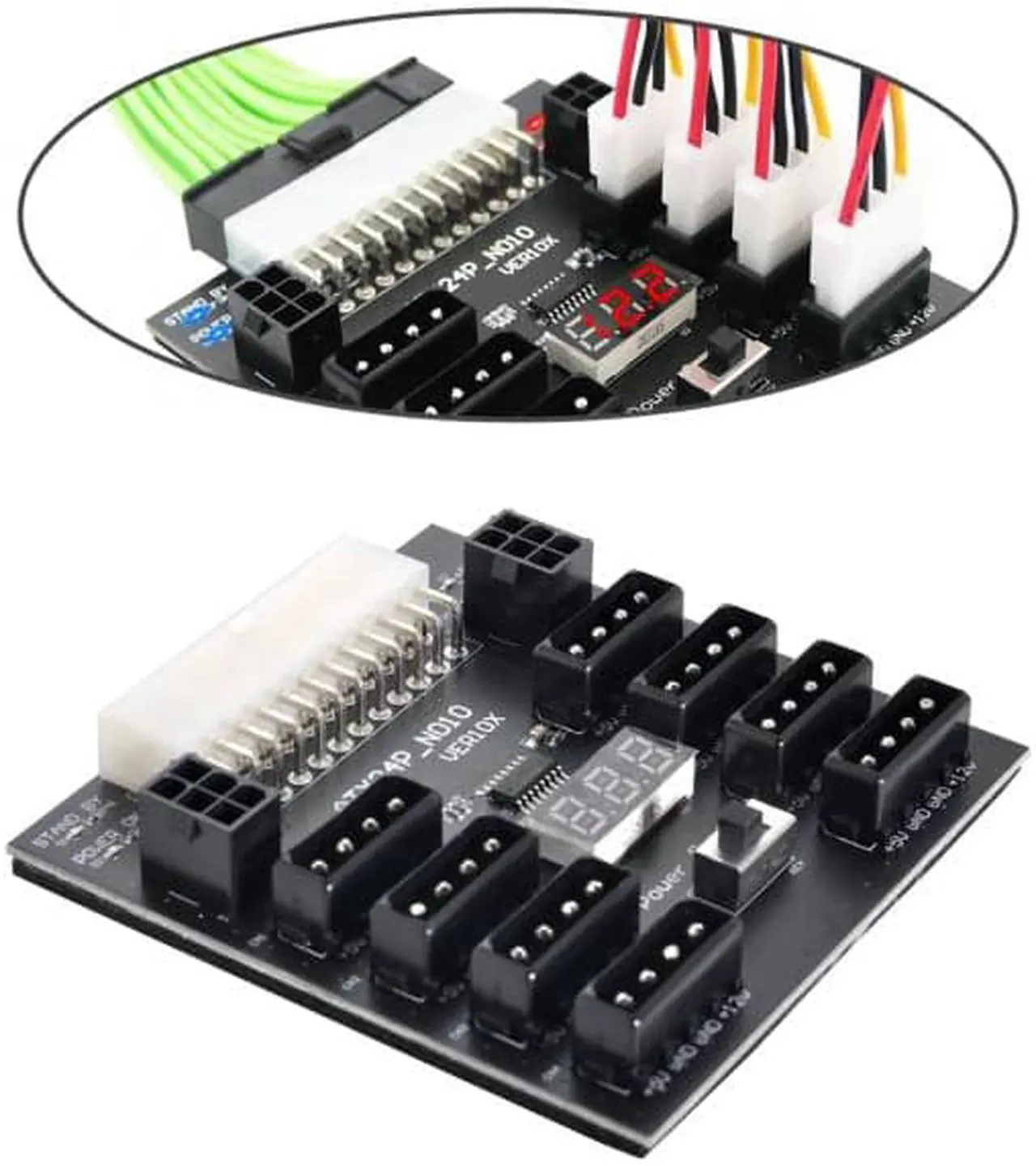 Alt view image 6 of 7 - Jimier ATX PSU Server Power Board 24Pin to IDE 8x 4Pin +2x 6Pin Power Supply Board for CHIA ETH BTC Mining Miner