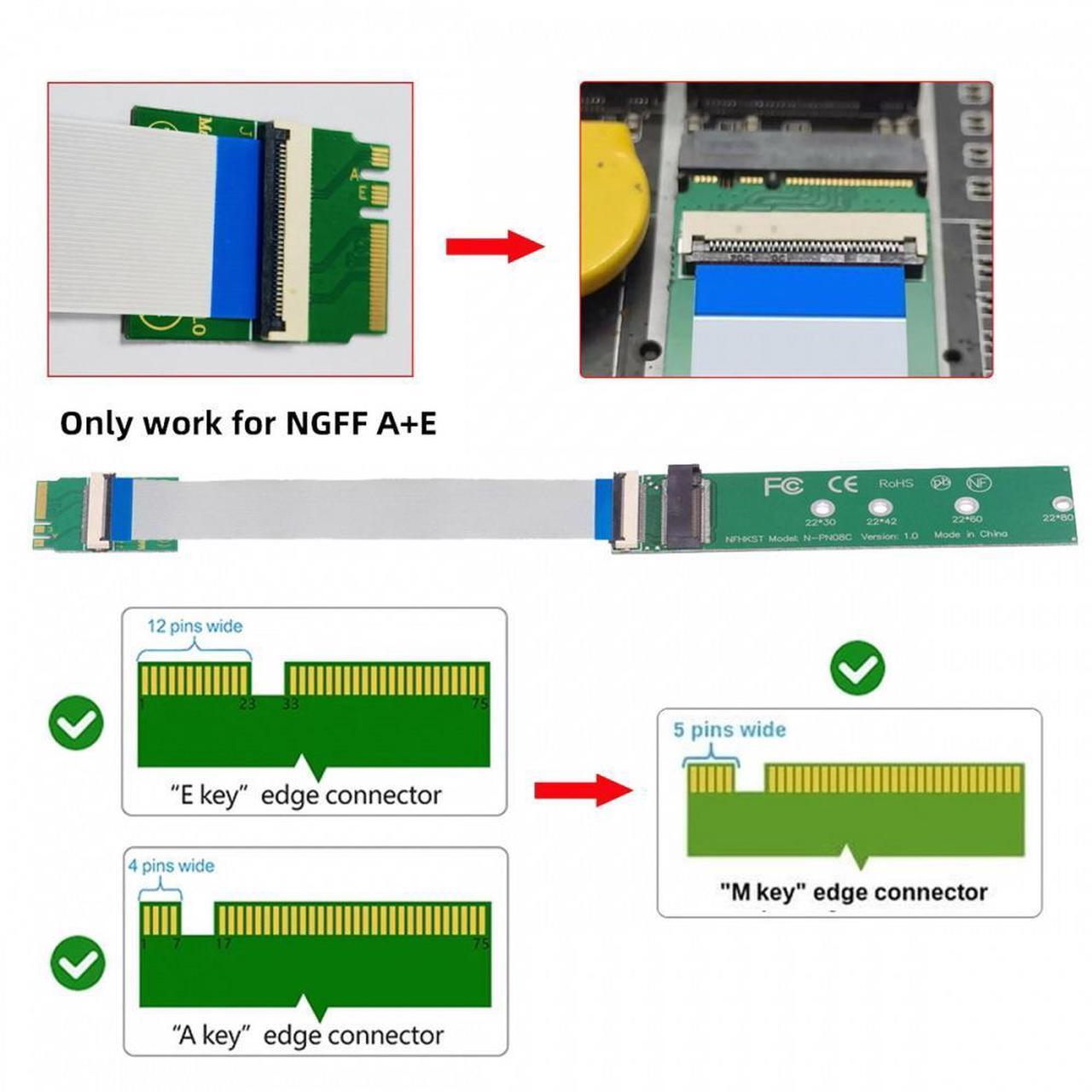 Alt view image 5 of 7 - Xiwai 2230 NGFF A+E-Key Male to NVME M-key Female Extension Cable for Laptop Mainboard SSD 2280