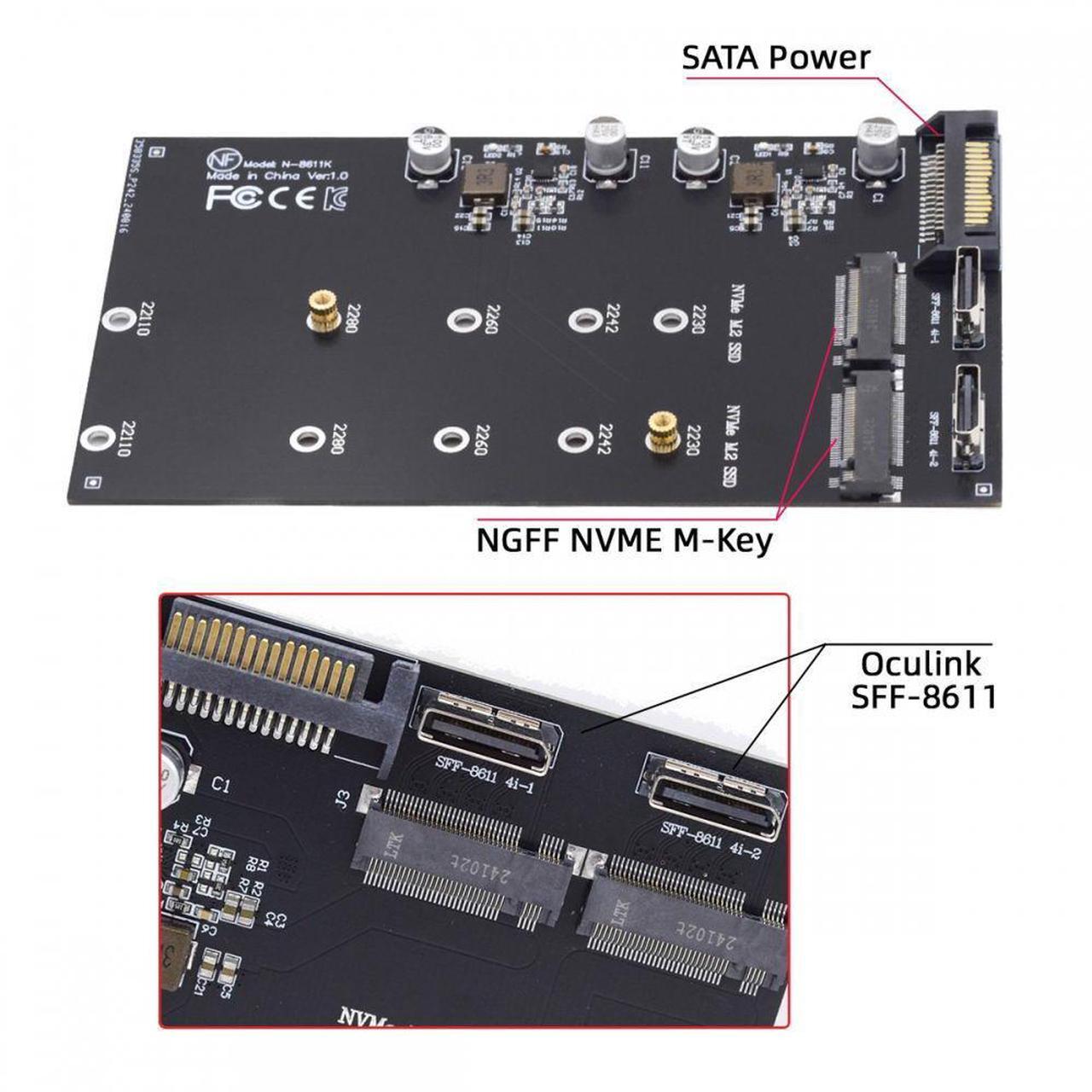 Alt view image 3 of 7 - CY Dual Oculink SFF-8612 SFF-8611 to M.2 NGFF M-Key NVME PCIe SSD 2280 22110mm Adapter for Mainboard