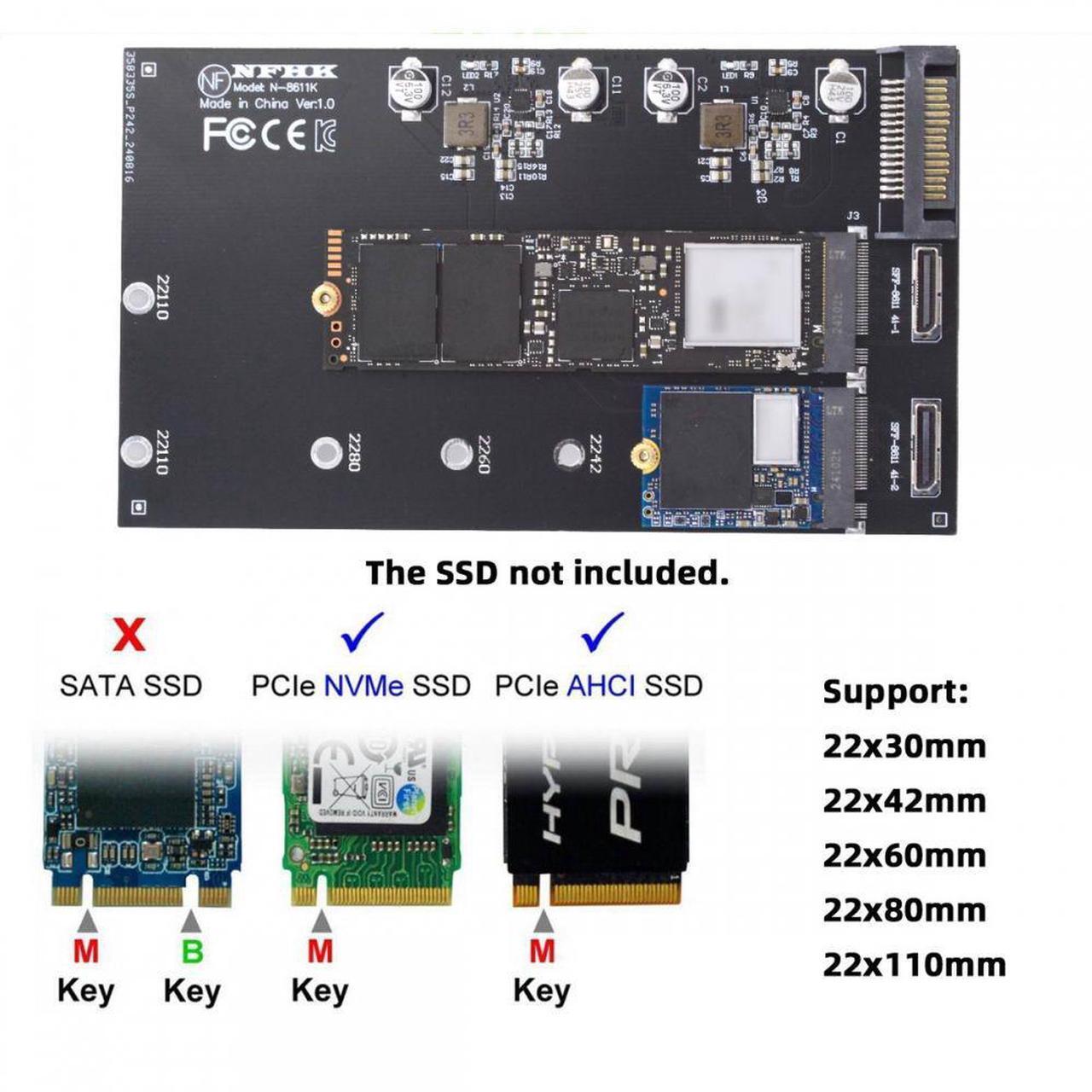 Alt view image 5 of 7 - CY Dual Oculink SFF-8612 SFF-8611 to M.2 NGFF M-Key NVME PCIe SSD 2280 22110mm Adapter for Mainboard