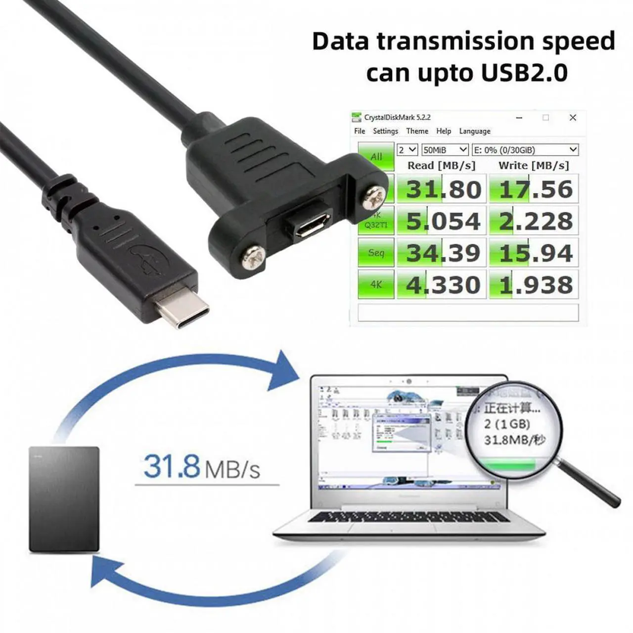 Alt view image 5 of 7 - Chenyang USB2.0 Micro 5Pin Female to Type-C USB-C Male Power Cable 480Mbps Data with Panel Mount Holes 50cm