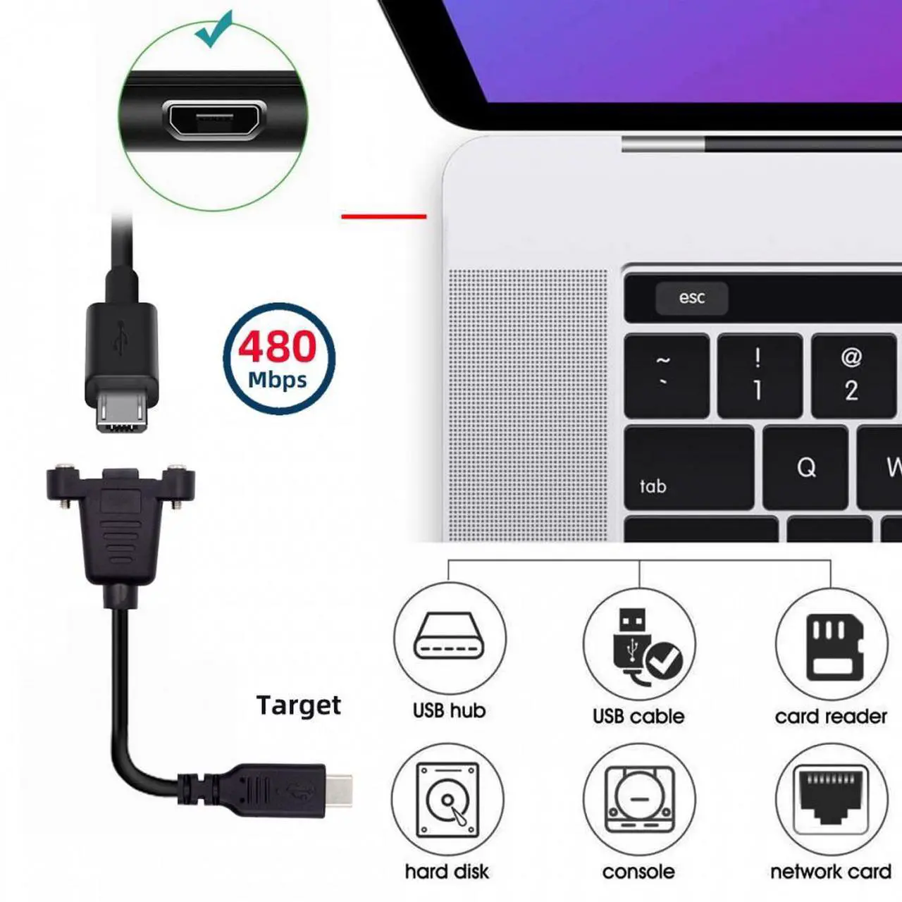 Alt view image 7 of 7 - Chenyang USB2.0 Micro 5Pin Female to Type-C USB-C Male Power Cable 480Mbps Data with Panel Mount Holes 50cm