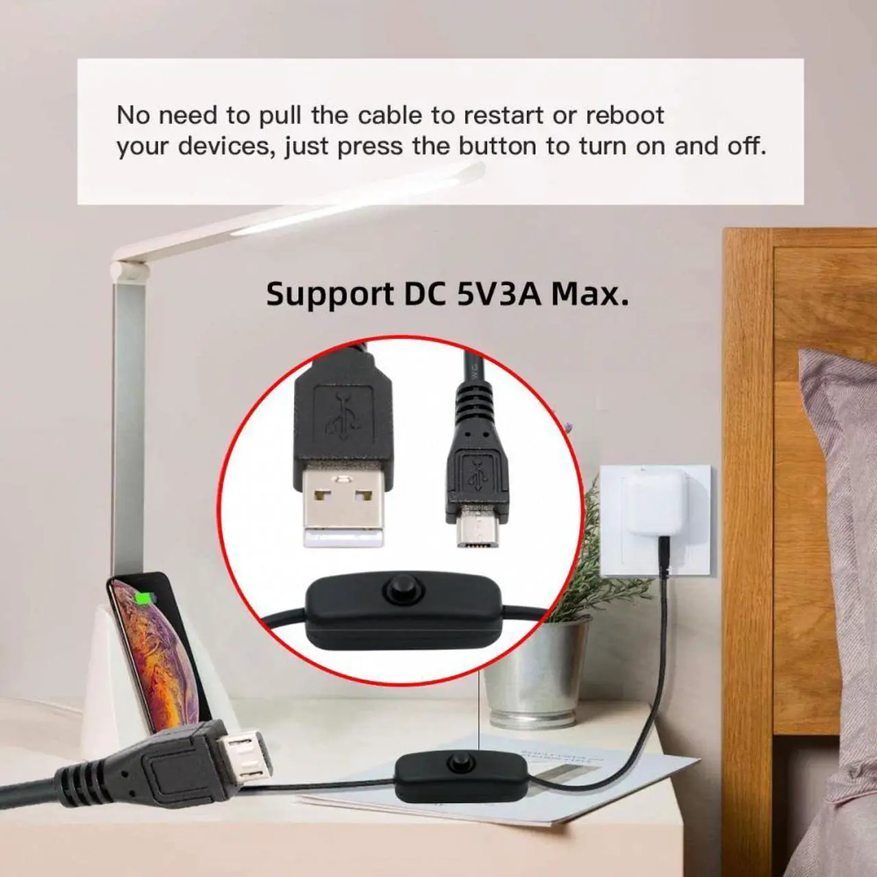 Alt view image 3 of 7 - Jimier Micro USB2.0 to Type-A Cable with On Off Power Switch Button Micro 5Pin for DC 5V Desk Lamp Fan Camera