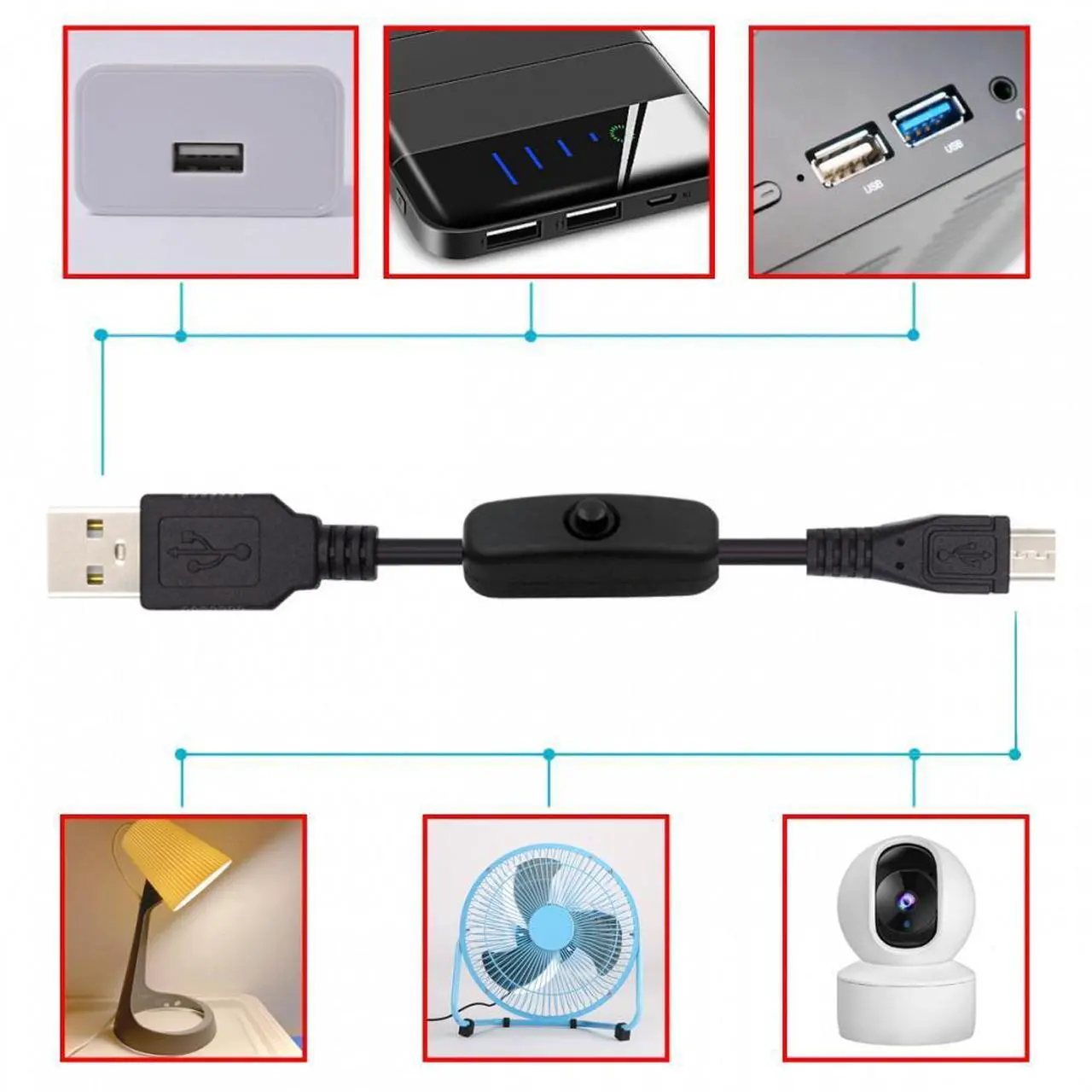 Alt view image 4 of 7 - Jimier Micro USB2.0 to Type-A Cable with On Off Power Switch Button Micro 5Pin for DC 5V Desk Lamp Fan Camera