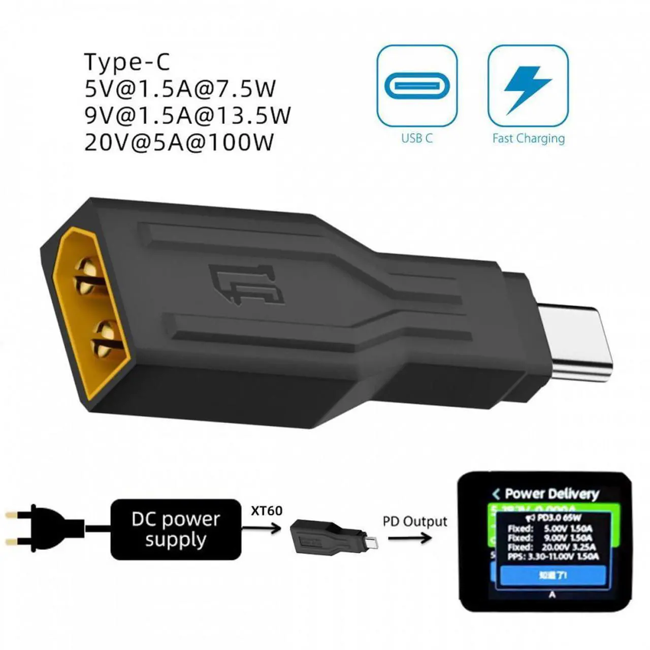 Alt view image 3 of 7 - CY XT60 Male Input SC100 Protocol to Type-C Male Output Fast Charging Adapter for RC Lipo Battery Quadcopter Laptop Phone