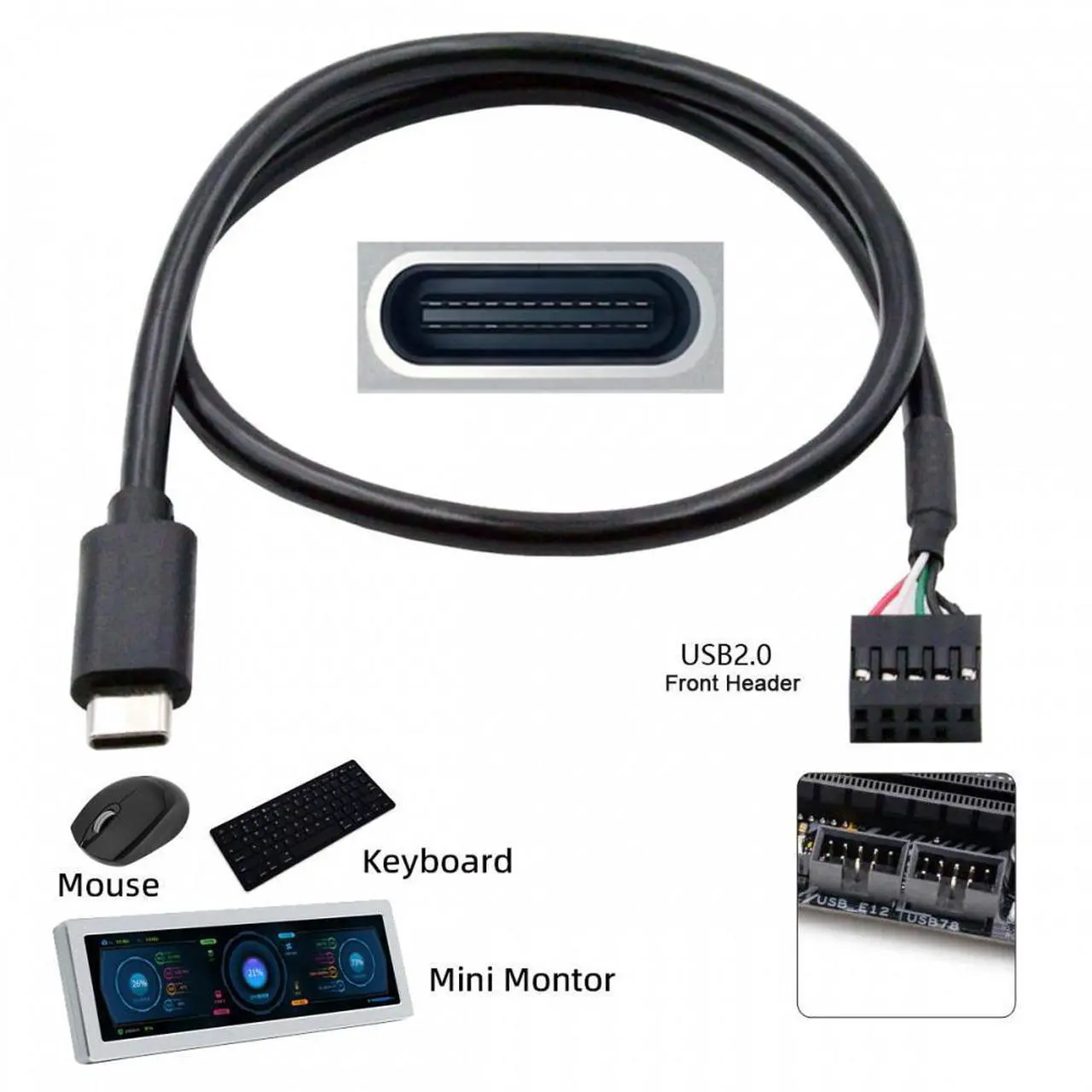Alt view image 6 of 7 - Chenyang USB 2.0 Motherboard 9pin 10pin Header to Type-C USB-C Cable 50cm for Mini Monitor Sensor Panel Camera
