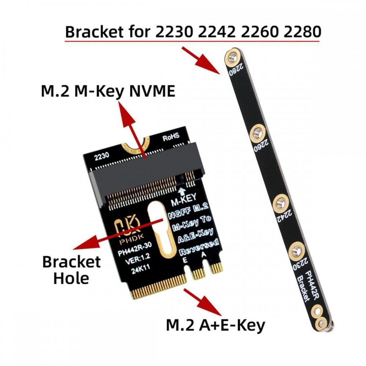 Alt view image 3 of 7 - Xiwai 2230 NGFF A+E-Key Male to NVME M-key Female Extension PCI-E 4.0 Adapter with Bracket for Laptop Mainboard SSD 2280