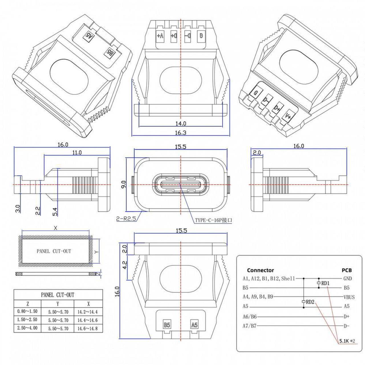 Alt view image 5 of 7 - Jimier 5pcs/set DIY OEM Type C Female Socket Connector to 6Pin PCBA Pinout Rectangle Latch Mount Type DC 5V/20V PD Power IP67