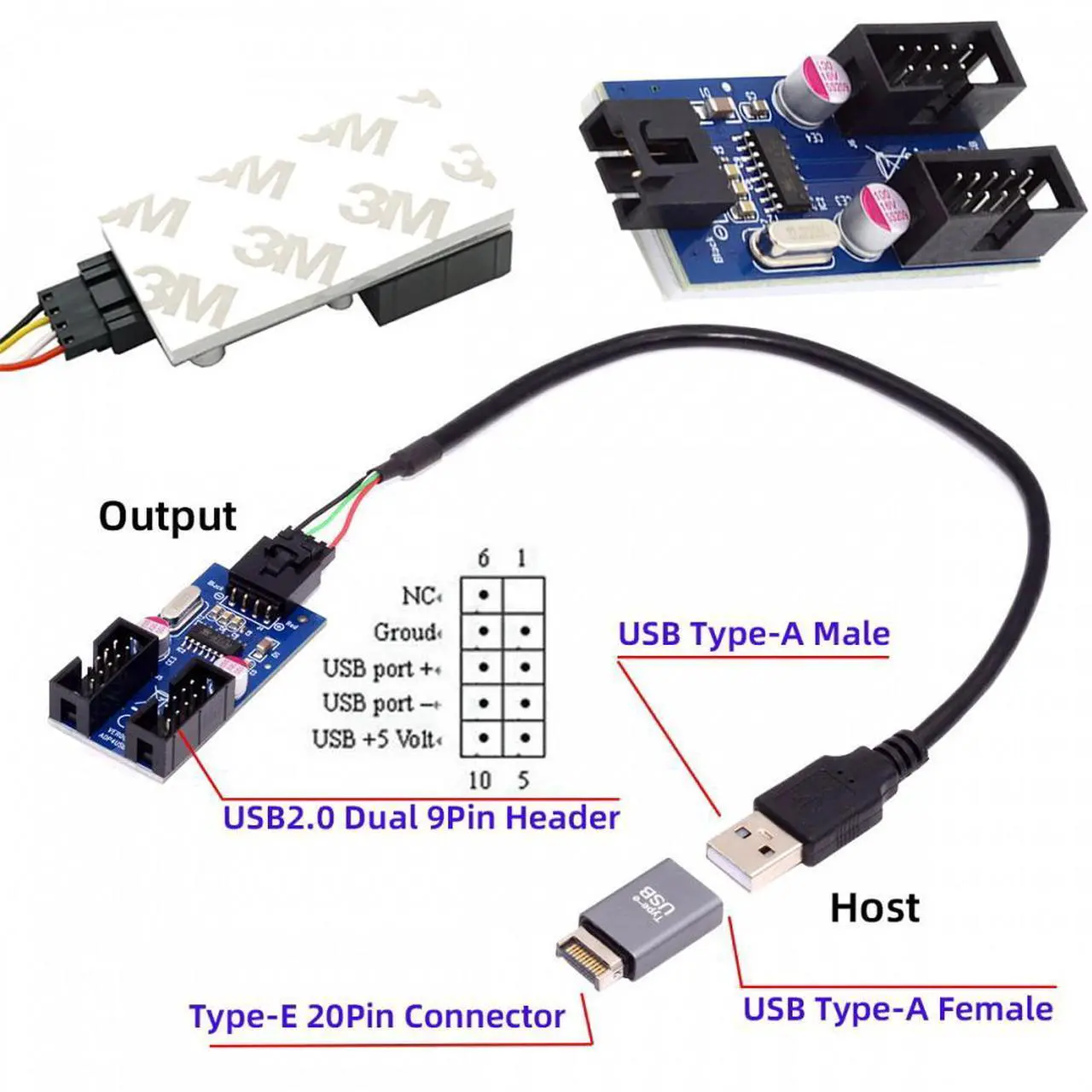 Alt view image 6 of 7 - Jimier USB 3.1 Front Panel Header Male Type-E to USB 2.0 Type-A Male 1 to 2 Female Motherboard 9pin 10pinHeader HUB Adapter Port Multiplier