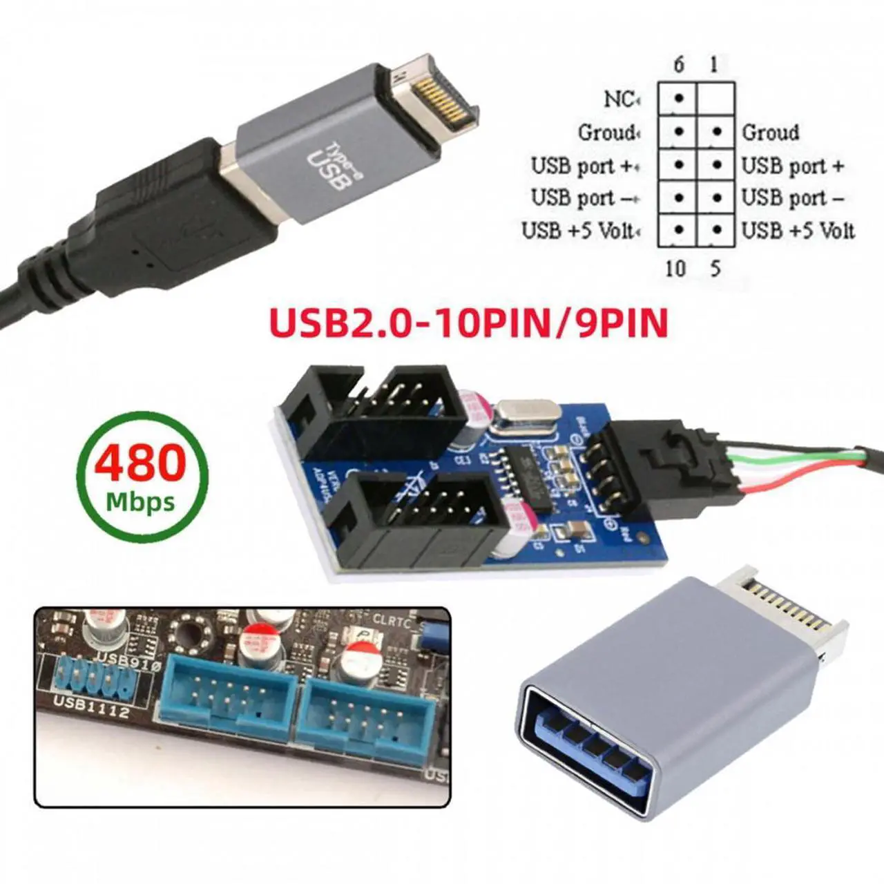 Alt view image 7 of 7 - Jimier USB 3.1 Front Panel Header Male Type-E to USB 2.0 Type-A Male 1 to 2 Female Motherboard 9pin 10pinHeader HUB Adapter Port Multiplier