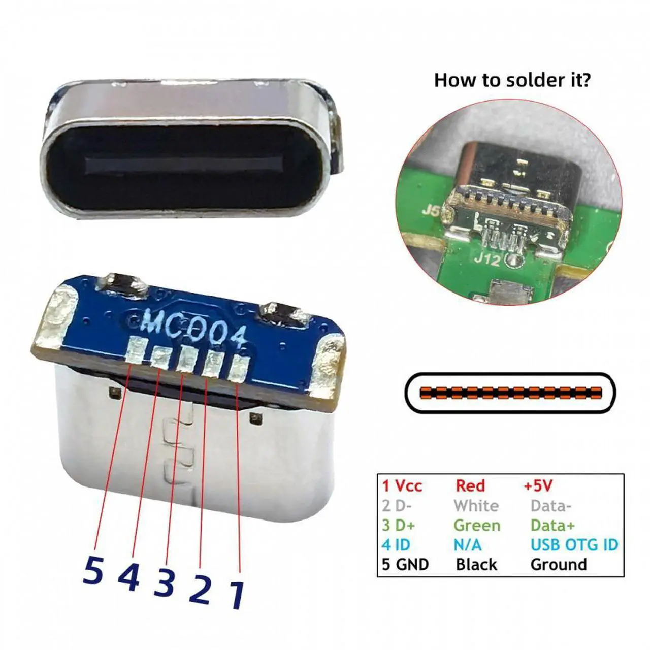 Alt view image 4 of 7 - Cablecc 5pcs/lot DIY Solder Type-C Female Socket Connector Replace for Mini-USB 5Pin Female SMT Type DC 5V Power