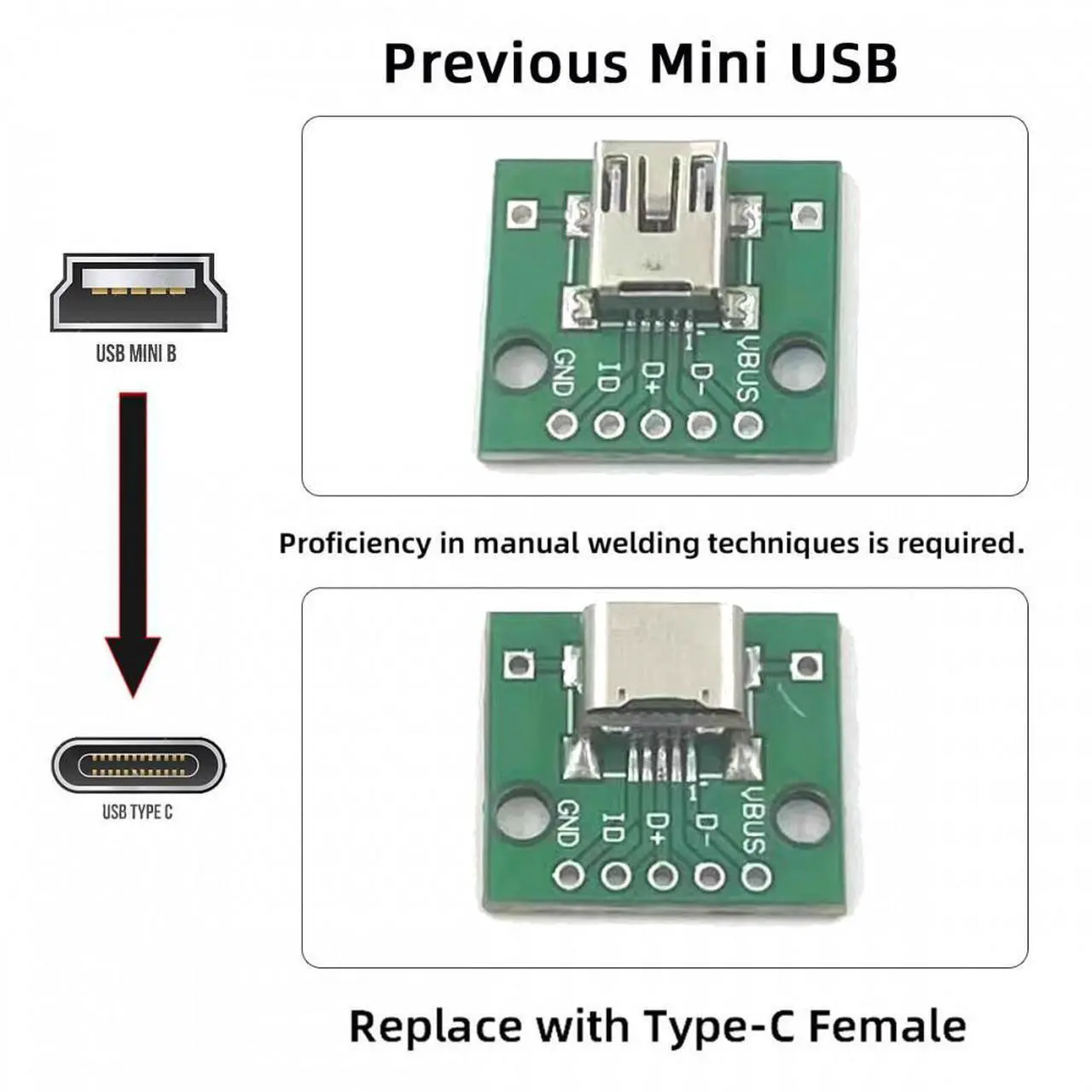 Alt view image 7 of 7 - Cablecc 5pcs/lot DIY Solder Type-C Female Socket Connector Replace for Mini-USB 5Pin Female SMT Type DC 5V Power