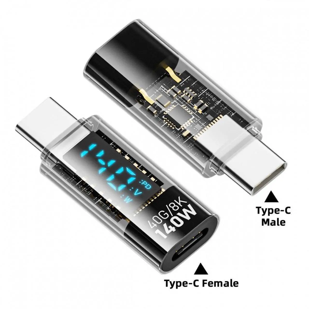 Alt view image 4 of 7 - Jimier Type-C Smart LED Display USB-C Male to Female Extension Adapter USB4.0 40Gbps 140W Current Voltage Monitoring Tester Detector