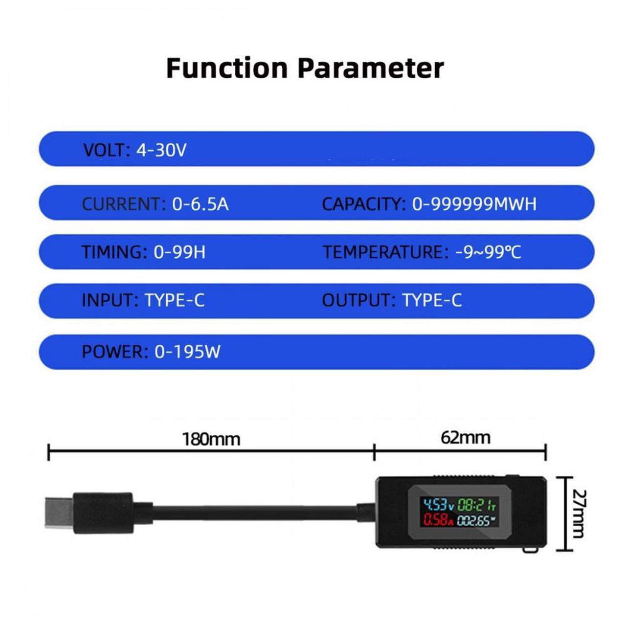 Alt view image 5 of 7 - CY Type-C Voltage Current Power Capacity, Working Time Ammeter Voltmeter USB Cable Charger Detector USB-C Tester 4-30V 0-6.5A Digital Multimeter