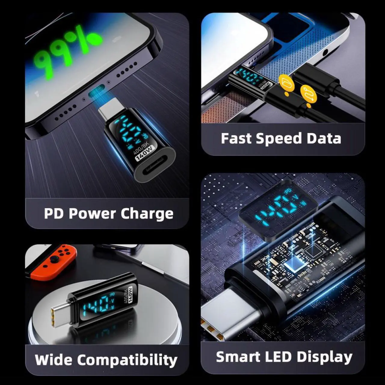 Alt view image 4 of 7 - Cablecc 3pcs/lot Type-C Smart LED Display USB-C Female to USB Type-A 8P Adapter Data Current Voltage Fast Charging Monitoring Display Tester Detector