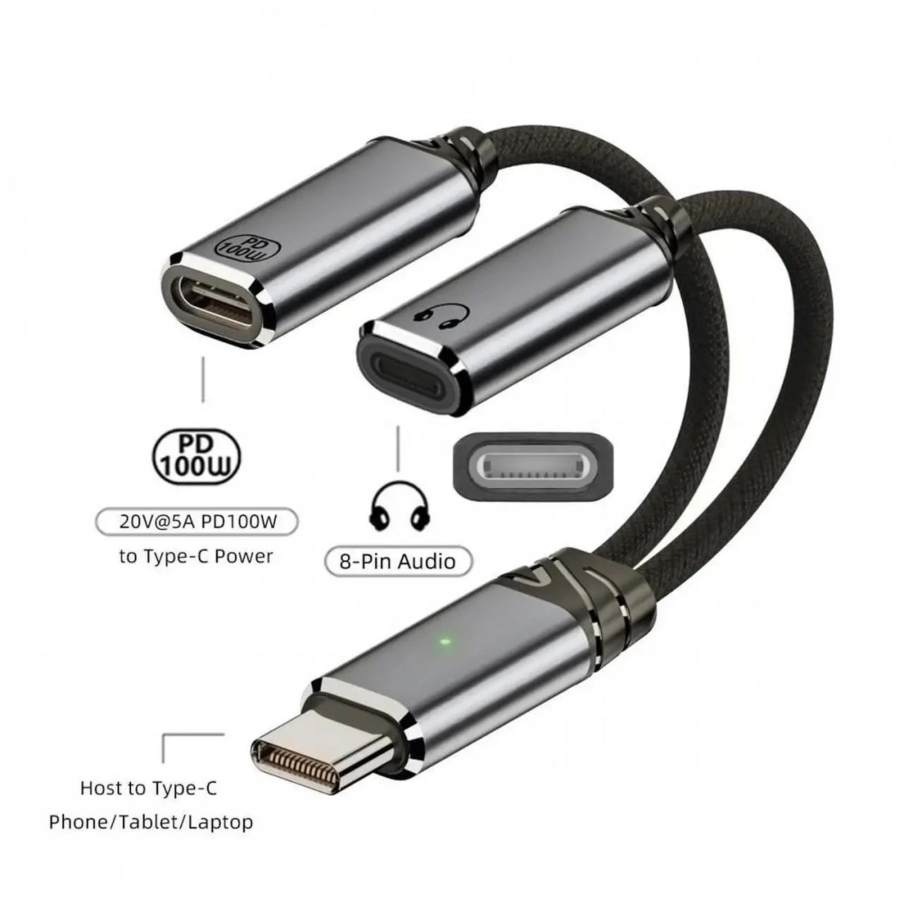 Alt view image 3 of 7 - Jimier USB-C Type-C Male to 8P Female Audio DAC AUX Music 16bit 48kHz & 100W PD Power Cable for Laptop Tablet Phone
