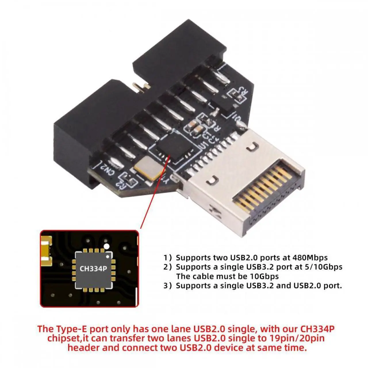 Alt view image 3 of 7 - CY Type-E IDC Socket USB 3.1 Front Panel Header to USB 3.0 20Pin Header Extension Adapter with CH334P for Desktop Motherboard