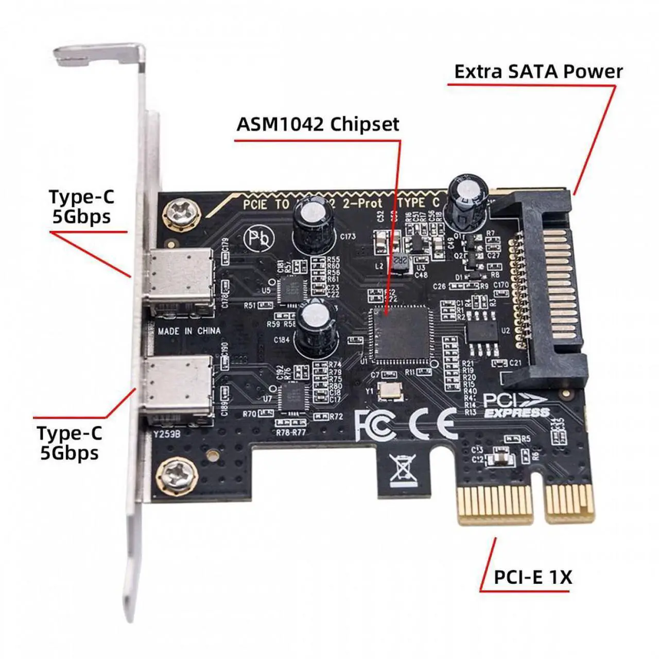Alt view image 5 of 7 - Cablecc USB3.1 Gen1 5Gbps Dual Type-C USB-C Female to PCI-E Express 1x Card Adapter ASM1042 with Low Profile Bracket