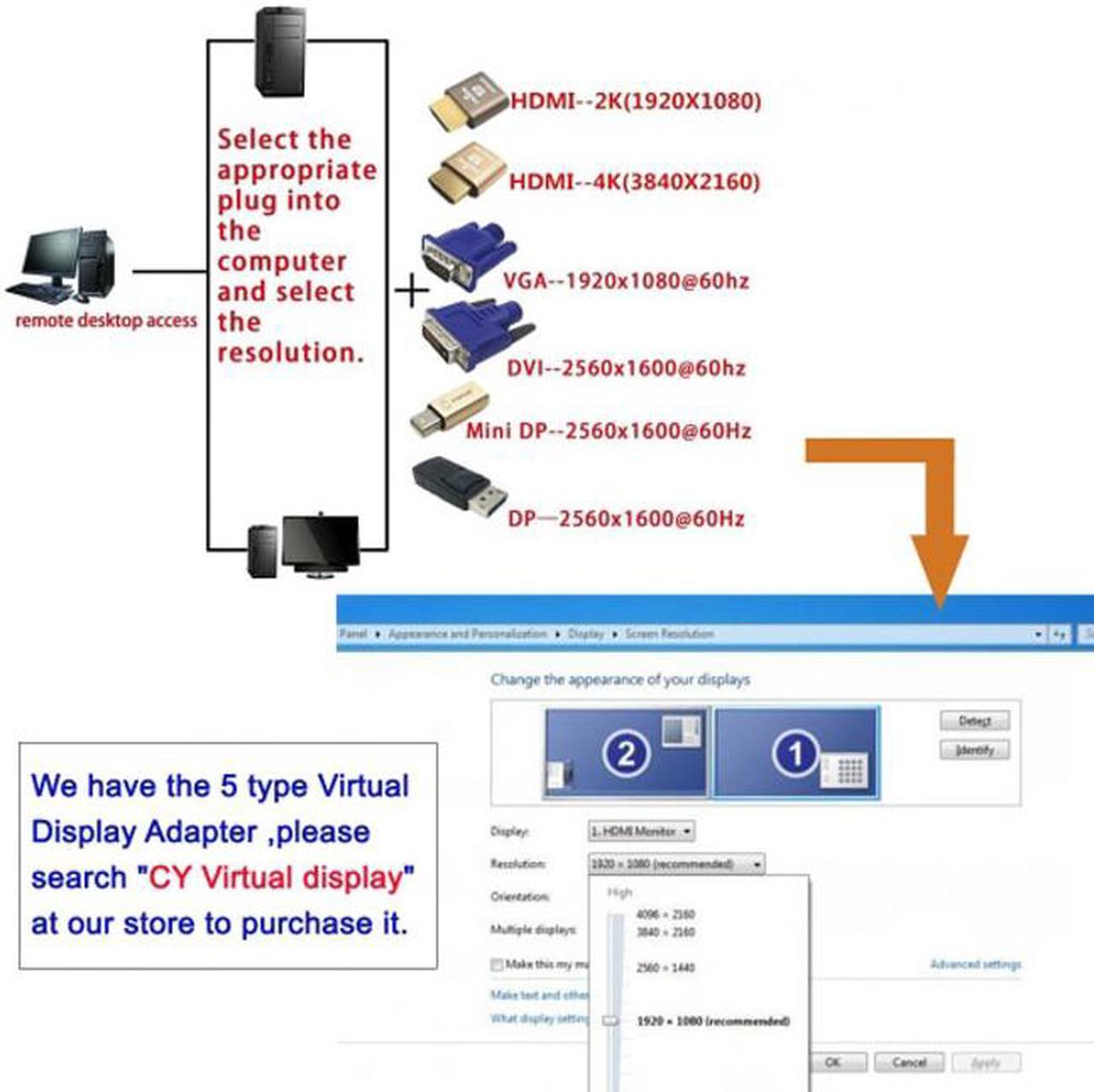 Alt view image 6 of 6 - CHENYANG CY Virtual Display Adapter DVI DDC EDID Dummy Plug Headless Ghost Display Emulator 2560x1600p@60Hz