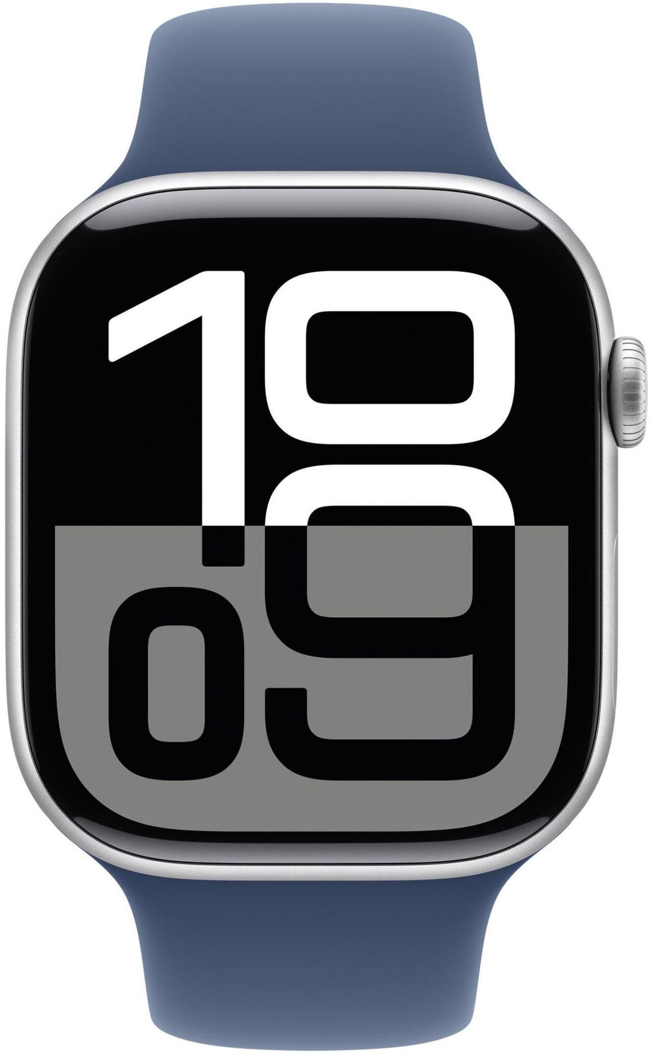 Alt view image 2 of 3 - Apple Watch Series 10 46mm (GPS + Cellular) Aluminum Silver with Medium/Large Denim Sport Band