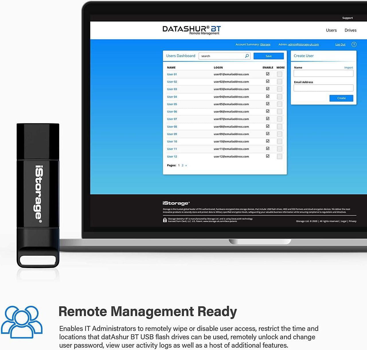 Alt view image 7 of 15 - iStorage datAshur BT USB 3.2 Encrypted Secure Flash Drive 64GB - Unlock wirelessly via your smartphone using Bluetooth (iOS/Android) - Remote Management Ready (IS-FL-DBT-256-64)