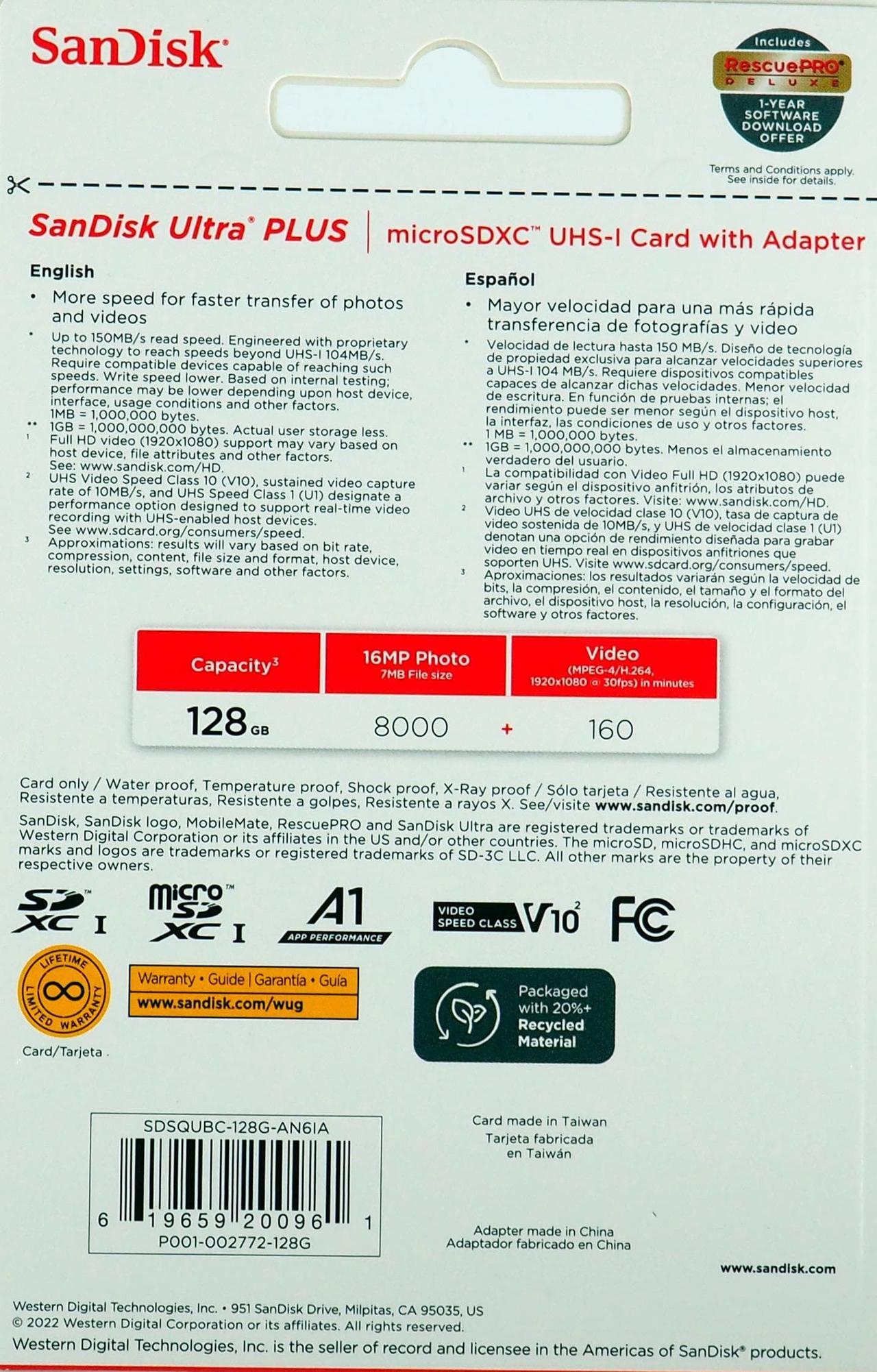Alt view image 4 of 4 - SanDisk Ultra PLUS 128GB microSDXC UHS-I Memory Card SDSQUBC-128G-AN6IA